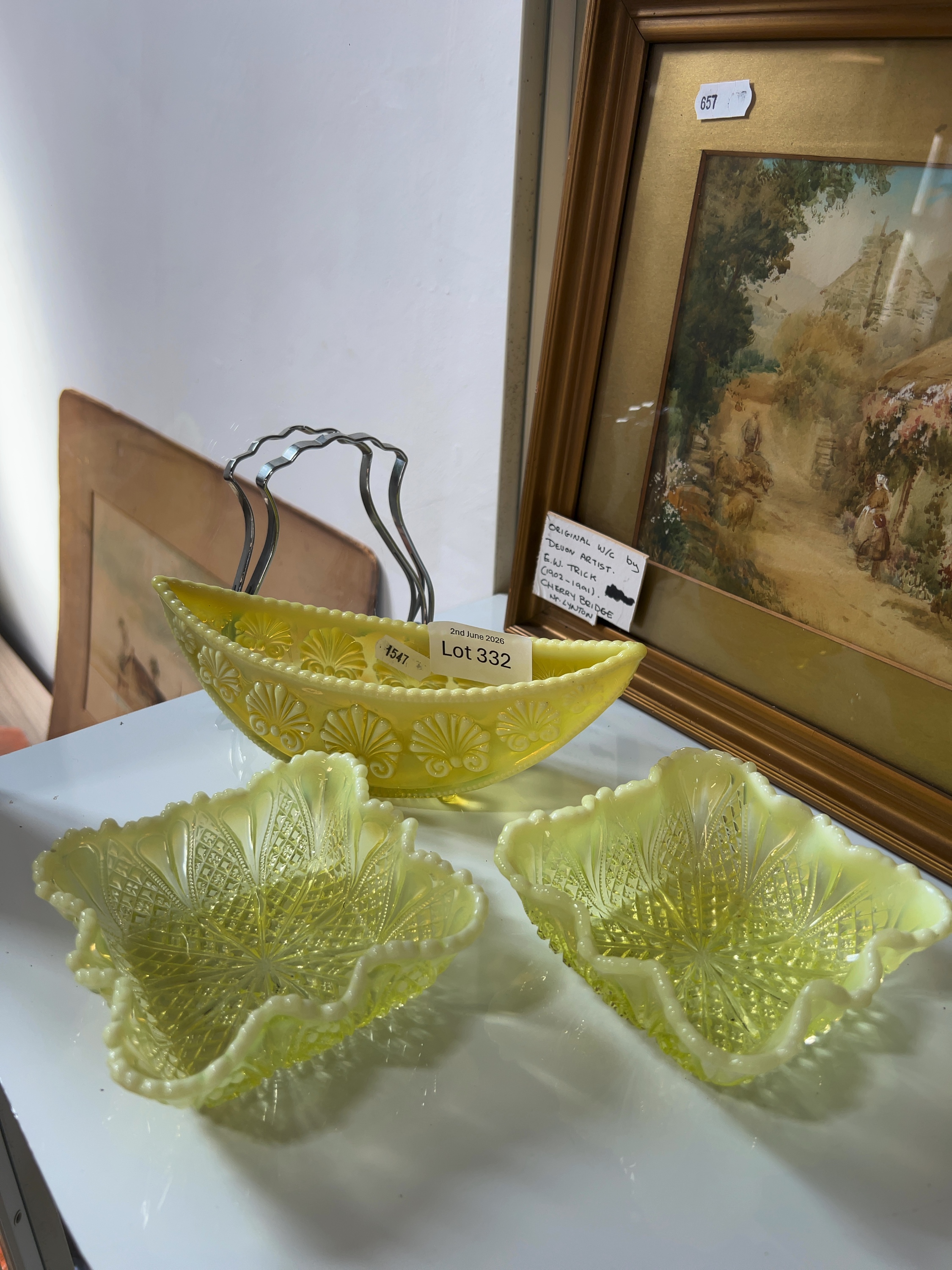 A Trio of Victorian Primrose Pearline Uranium Opalescent Pressed Glass Bowls attributed to George Davidson and Co.