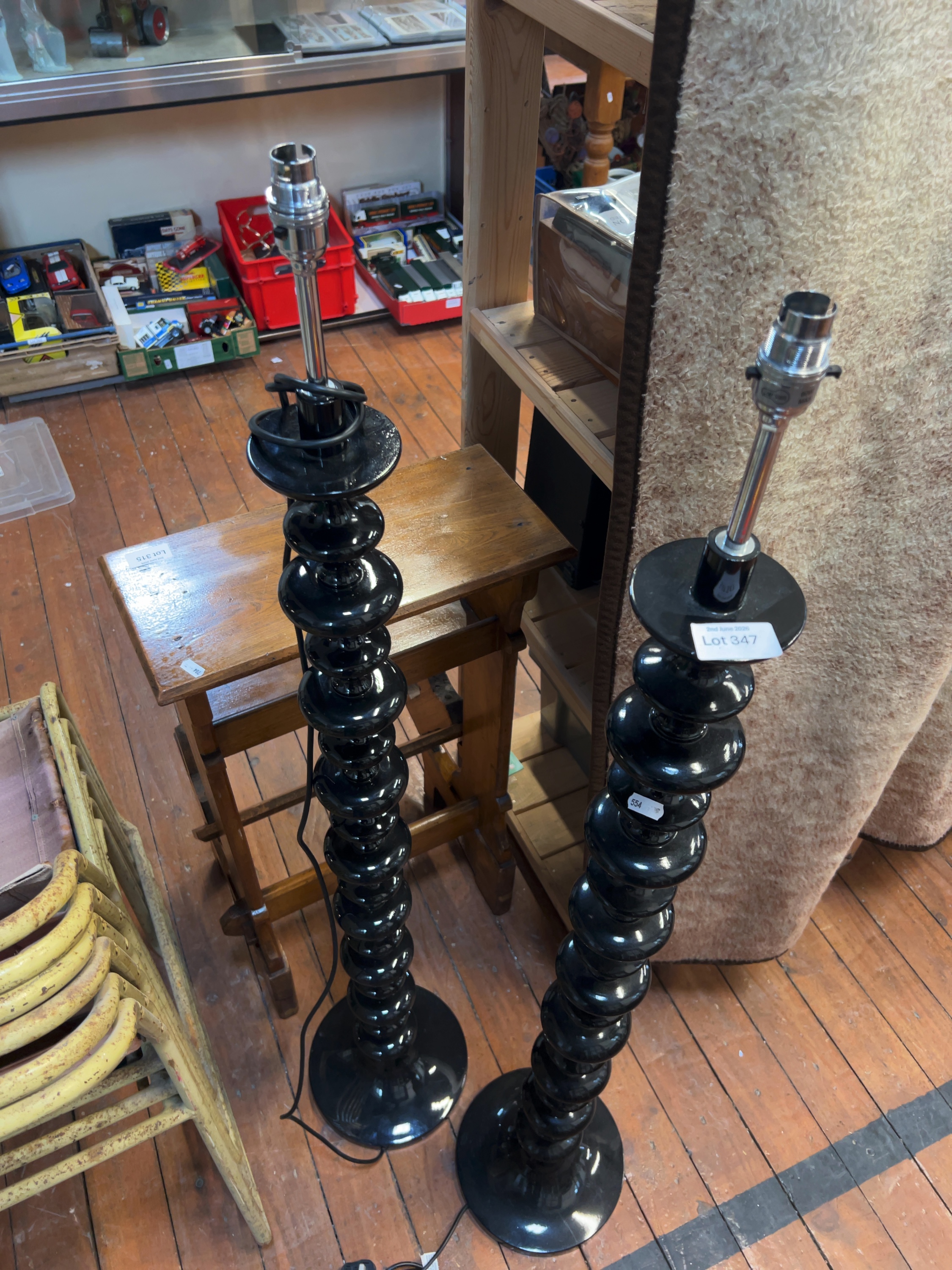 A Pair of Black Glazed Ceramic Gourd Style Floor Lamps