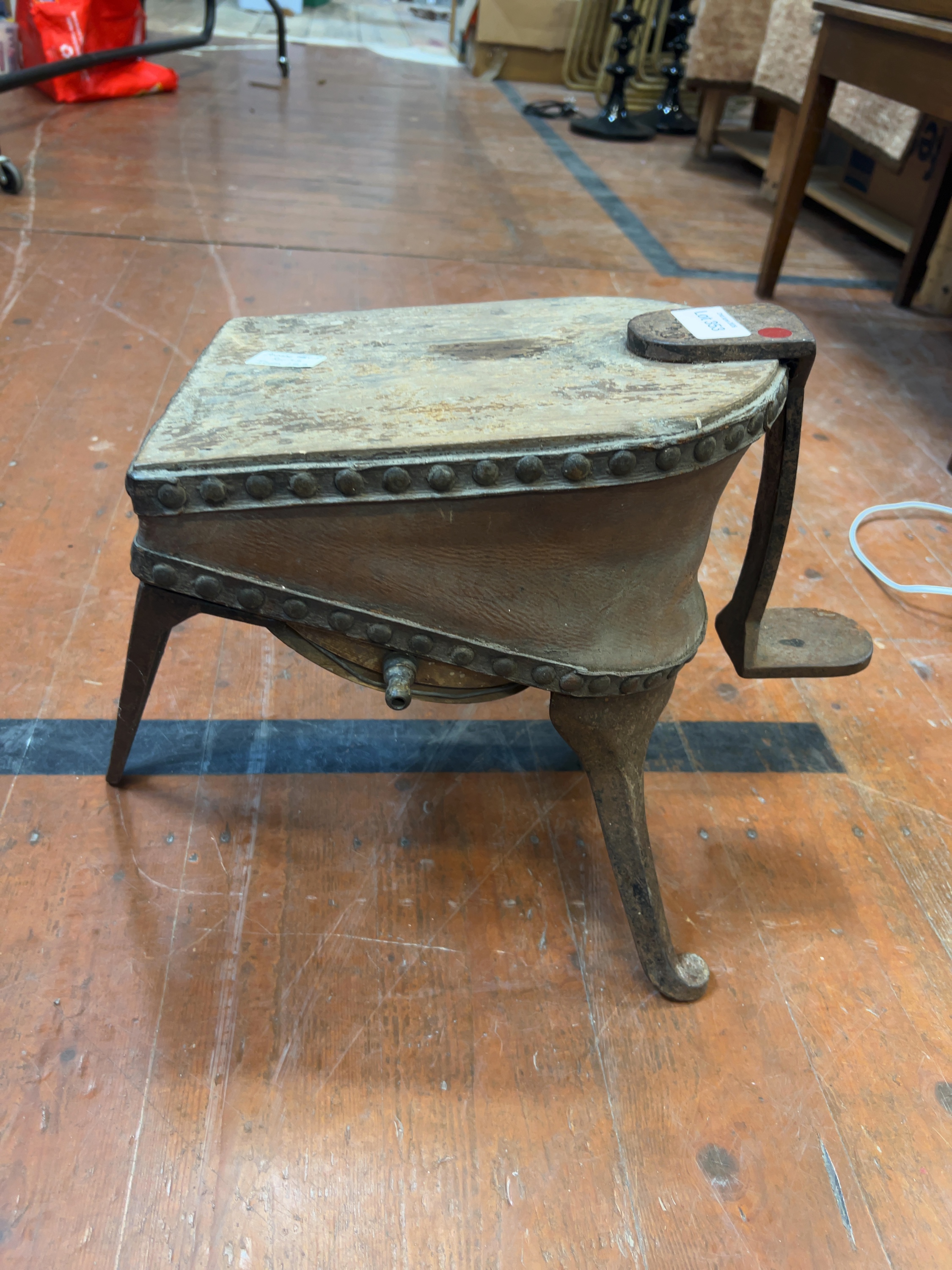 Late Victorian foot-operated workshop bellows in wood, leather and cast iron