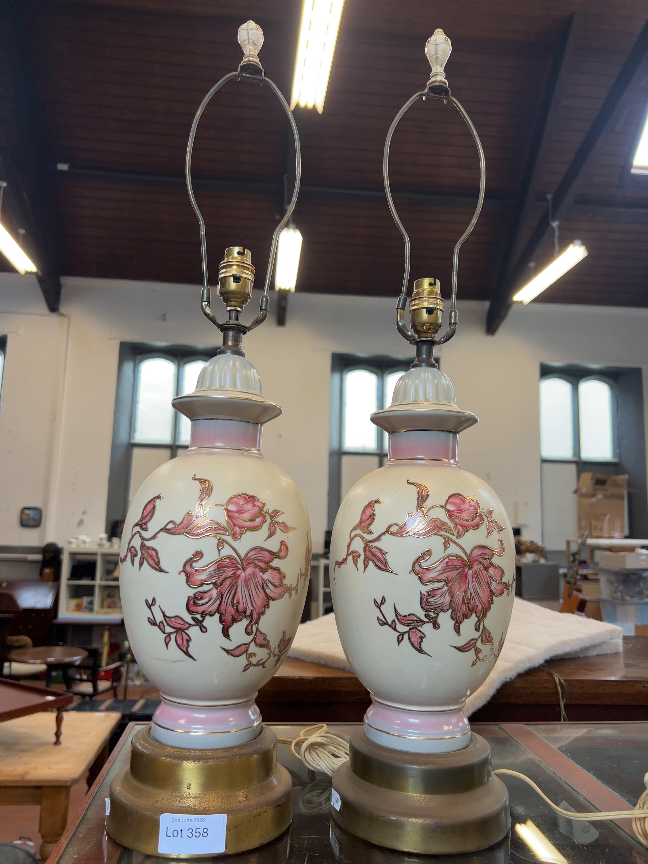 A Pair of Mid-20th Century Floral Ceramic Table Lamps in the Moriage Style