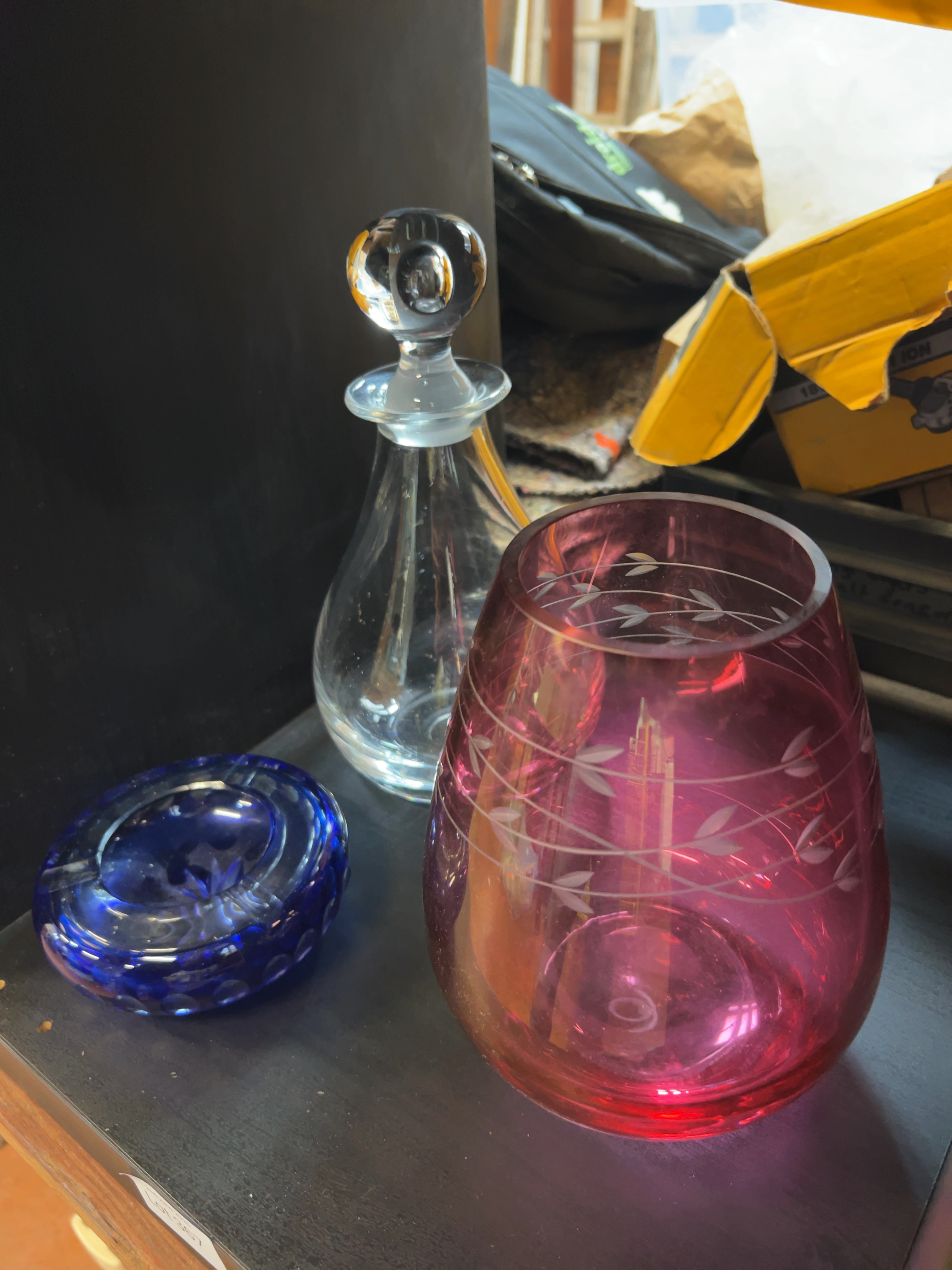 A Trio of Decorative Glassware Including a Signed Dartington Crystal Decanter