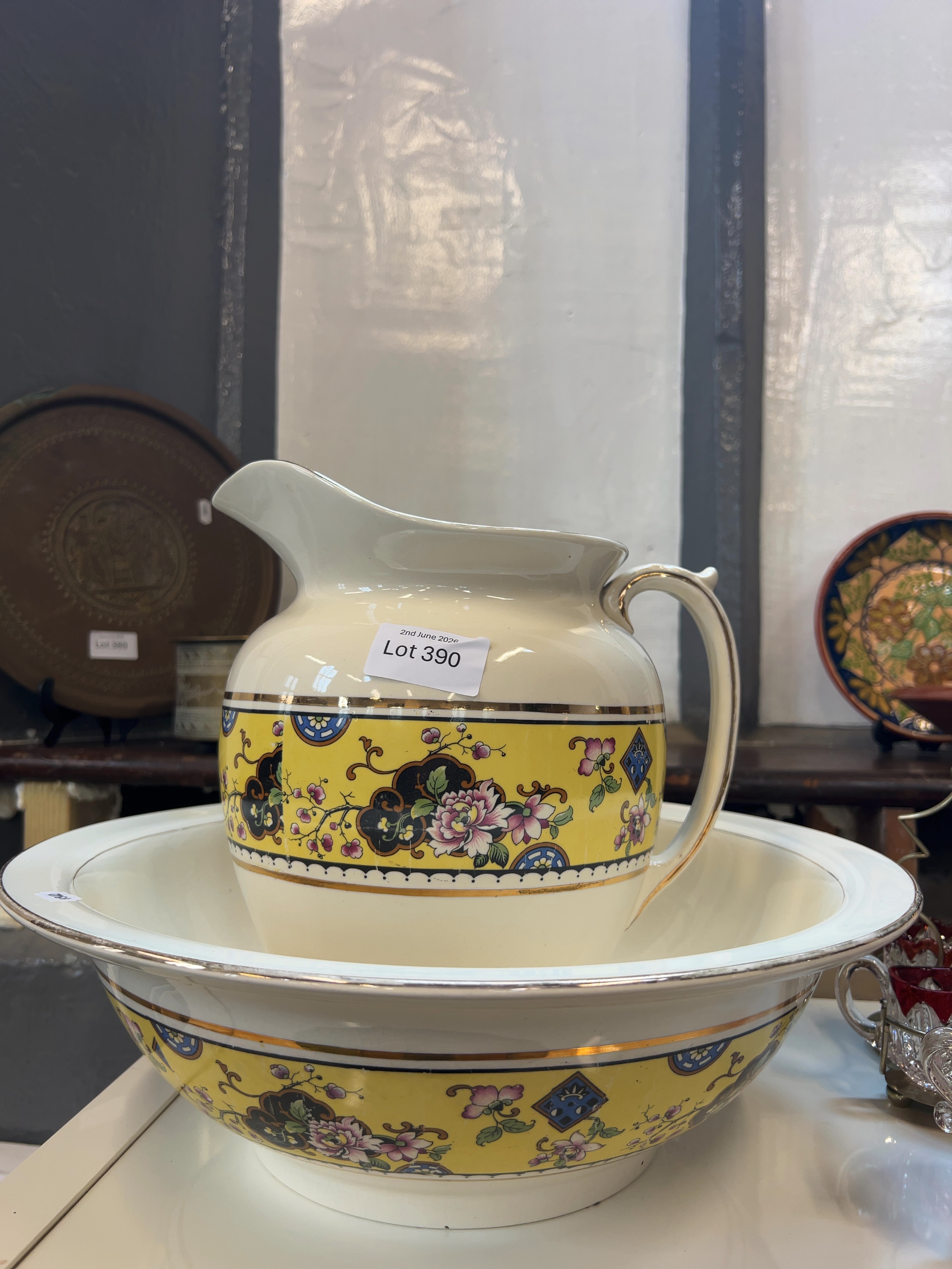 An Early 20th-Century Chinoiserie Style Earthenware Wash Jug and Basin Set