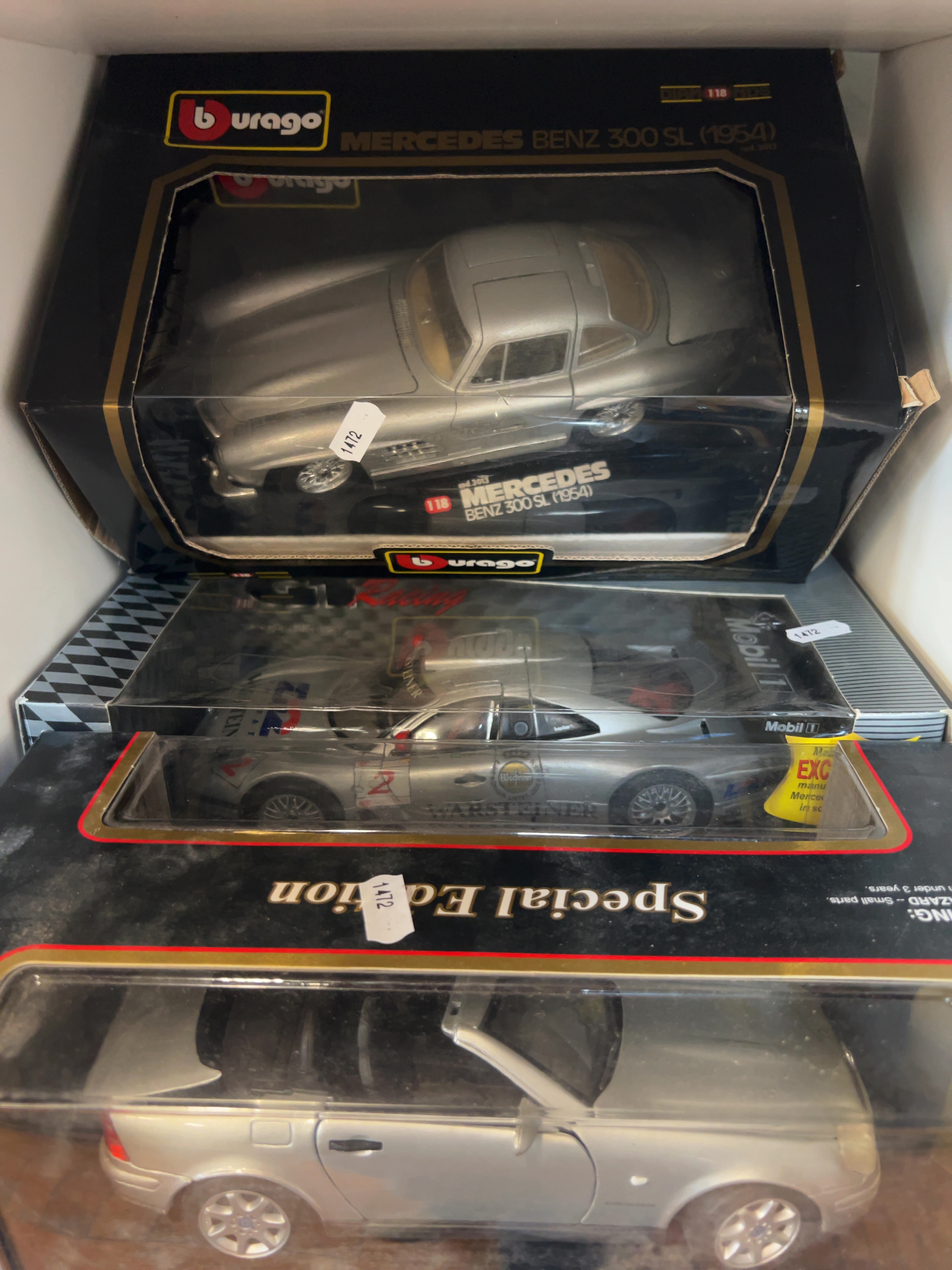Three Mercedes-Benz 1/18 Scale Model Cars by Bburago and Maisto