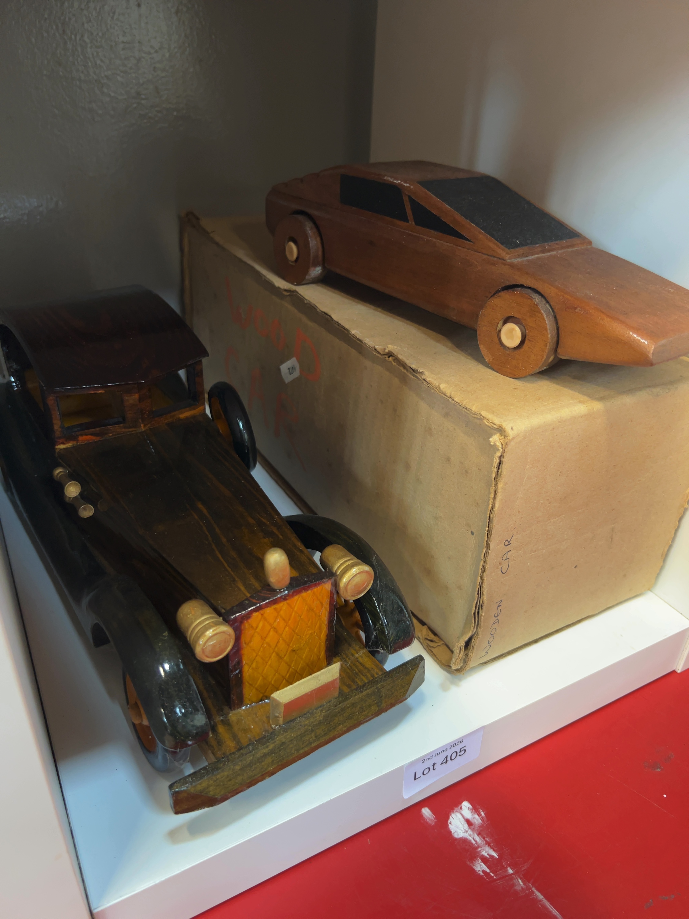 Two Handcrafted Wooden Model Cars and Storage Box