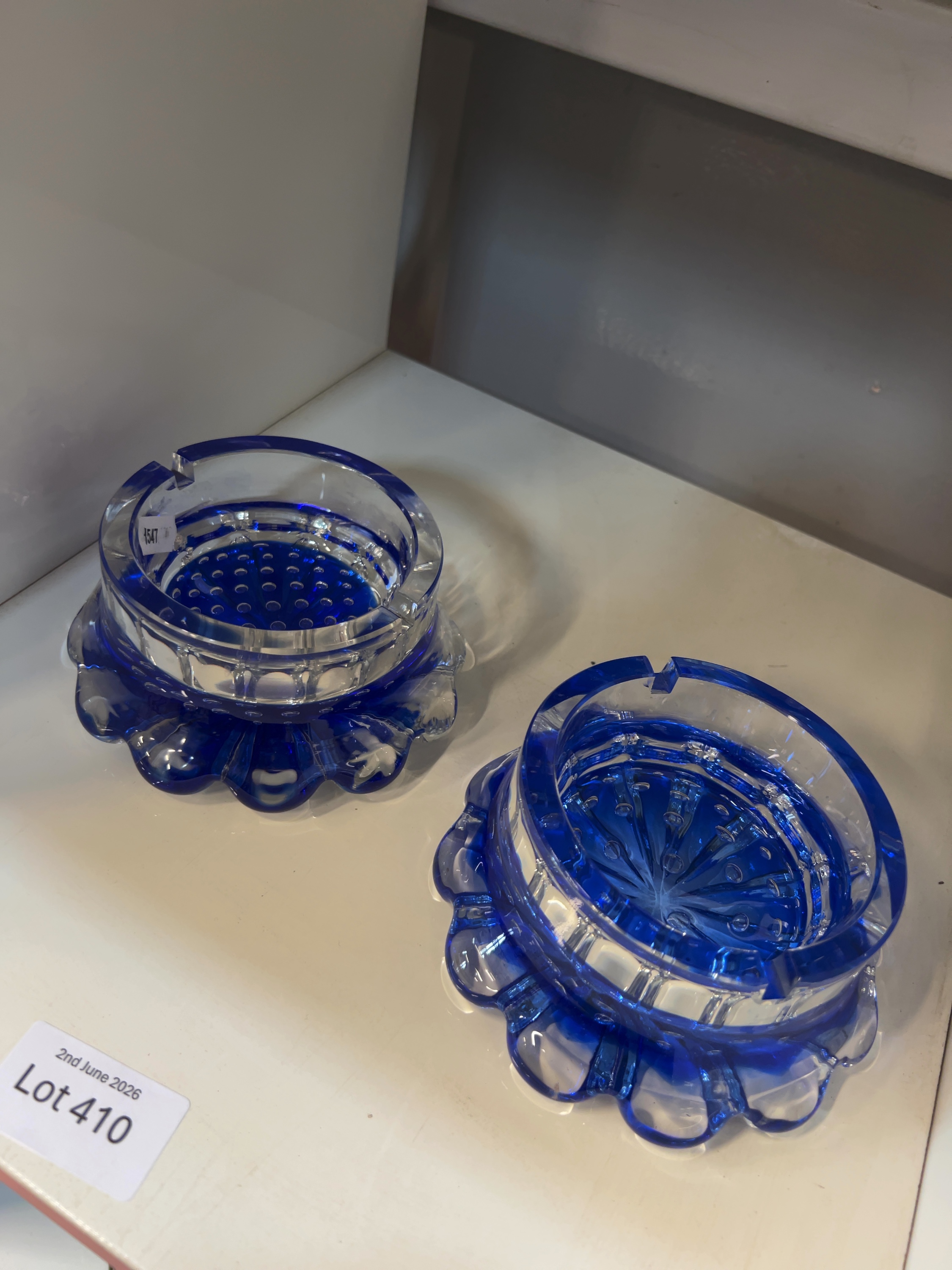 A Pair of Savia Empoli Bi-Colour Cobalt Blue and Clear Art Glass Ashtrays