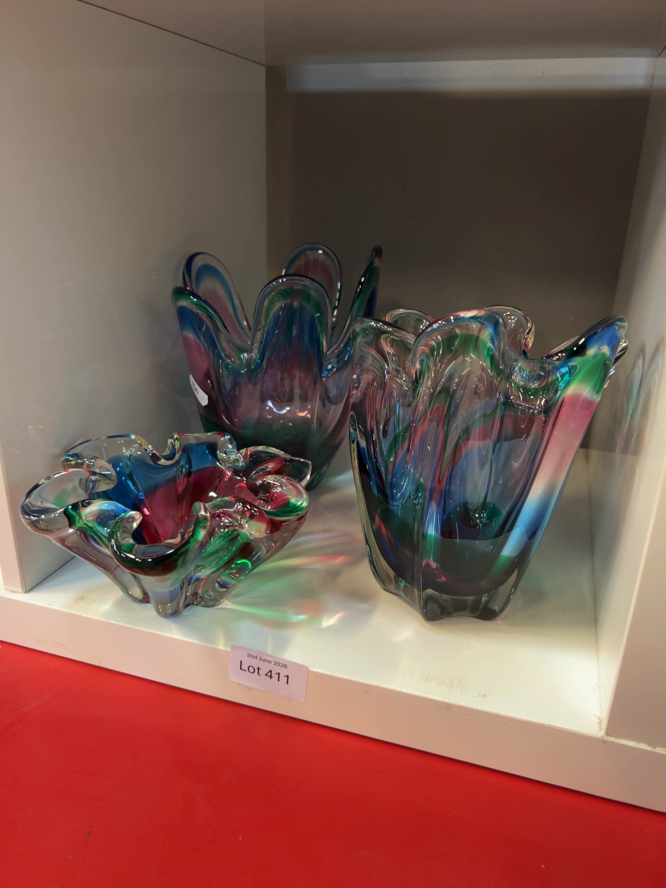 A Trio of Mid-Century Multi-Coloured Pulled Art Glass Vessels