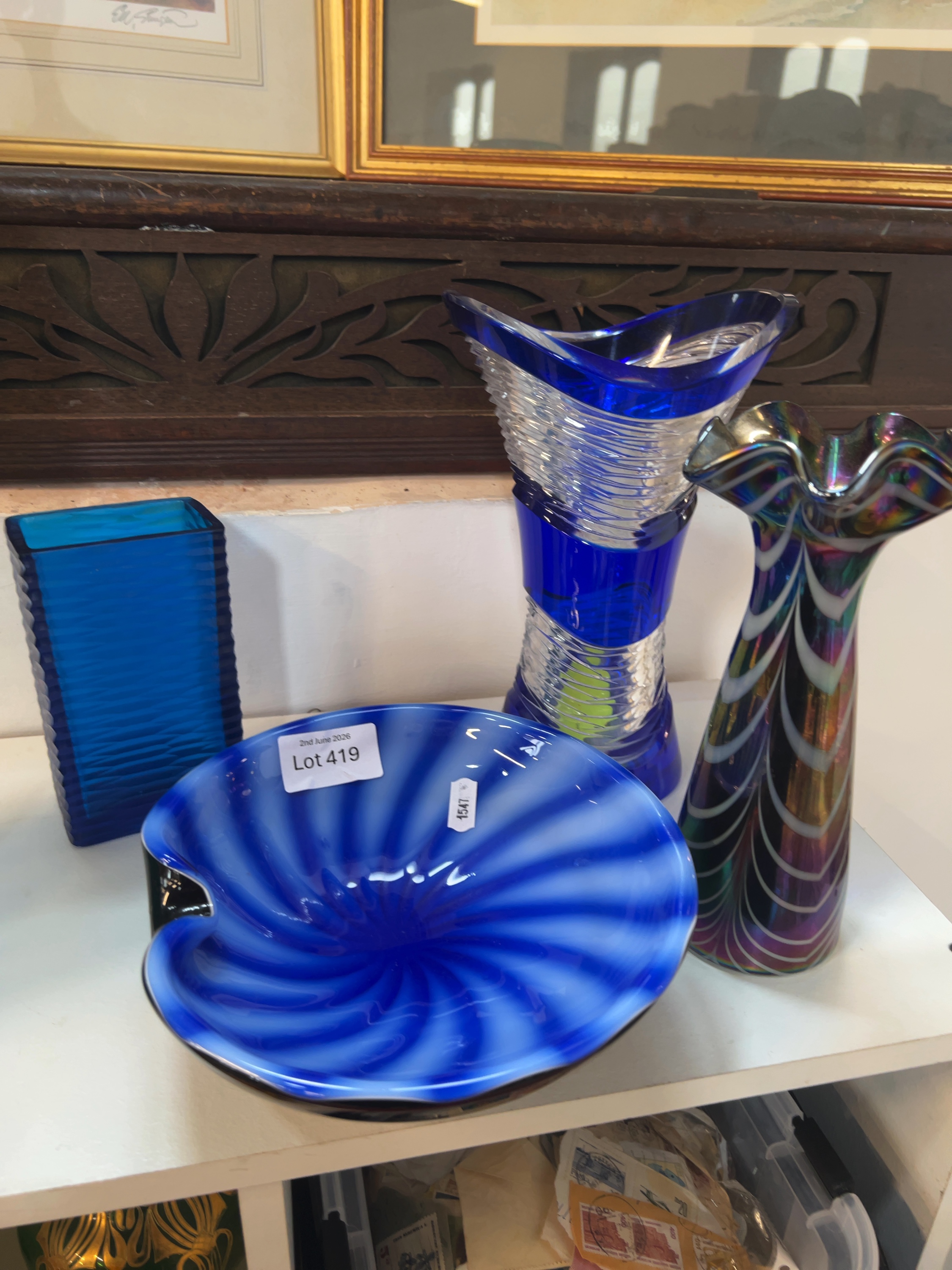 A Collection of Decorative Blue and Iridescent Art Glass