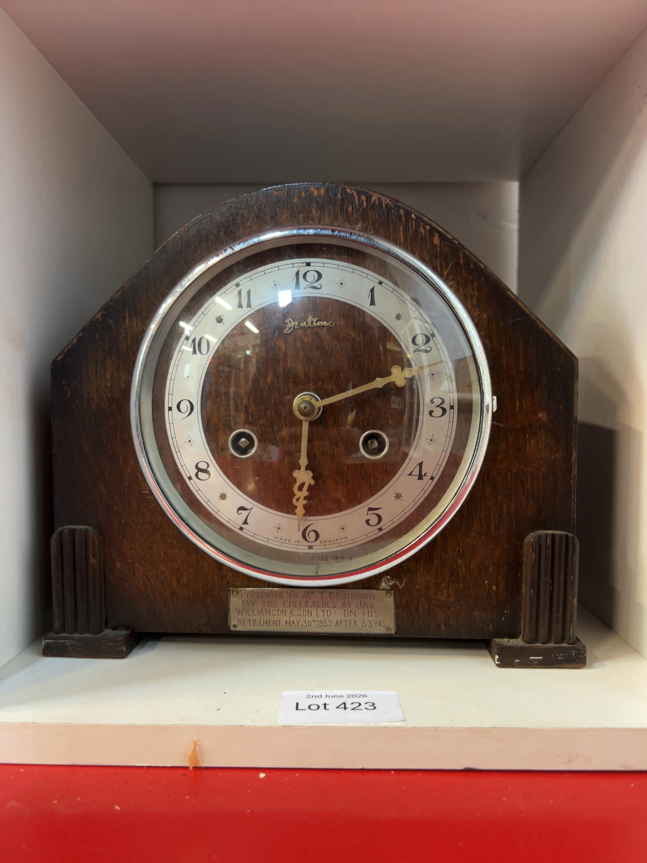 Bentima Oak Napoleon Hat Mantel Clock with Jas. Williamson and Son Presentation Plaque 1952