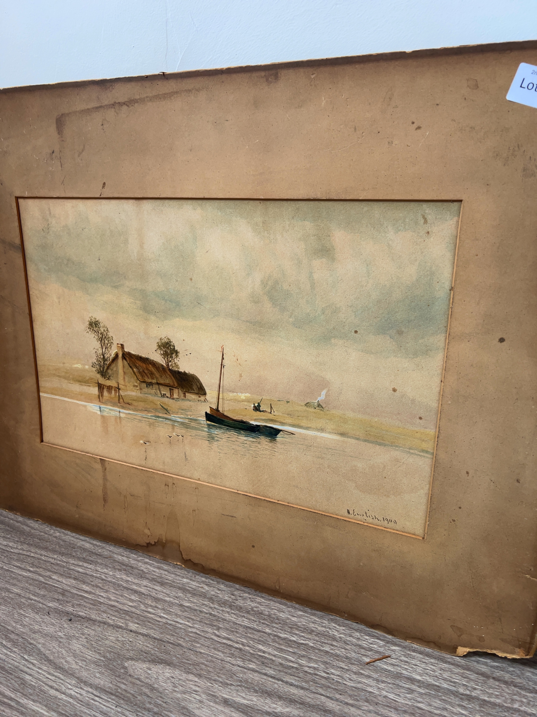 H. English (British School, early 20th Century), Coastal Scene with Thatched Cottage and Moored Boat, Watercolour and Gouache, dated 1900