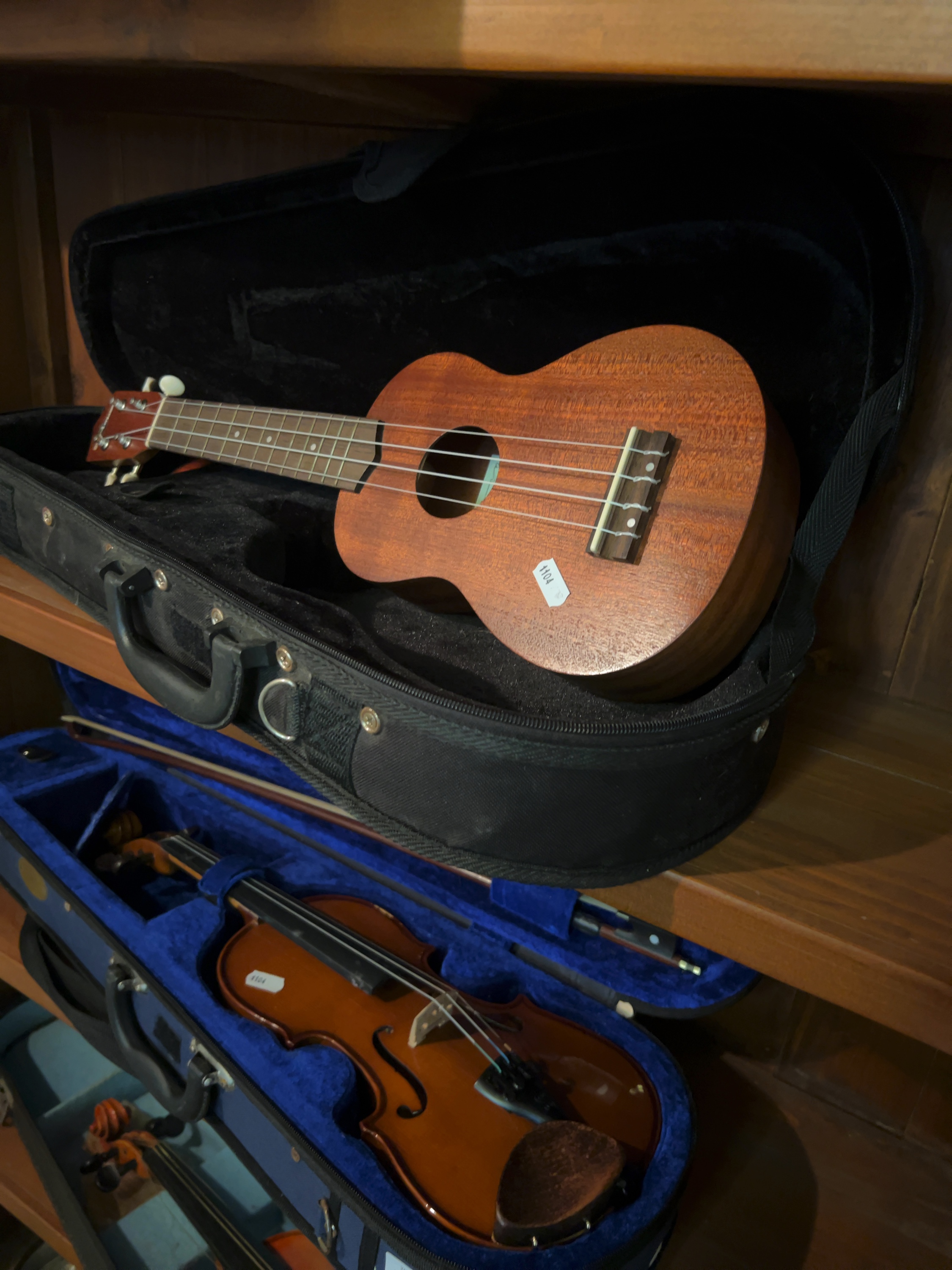 Two Student Musical Instruments comprising a Gear4music UK-100N Soprano Ukulele and a Violin with Stentor Bridge