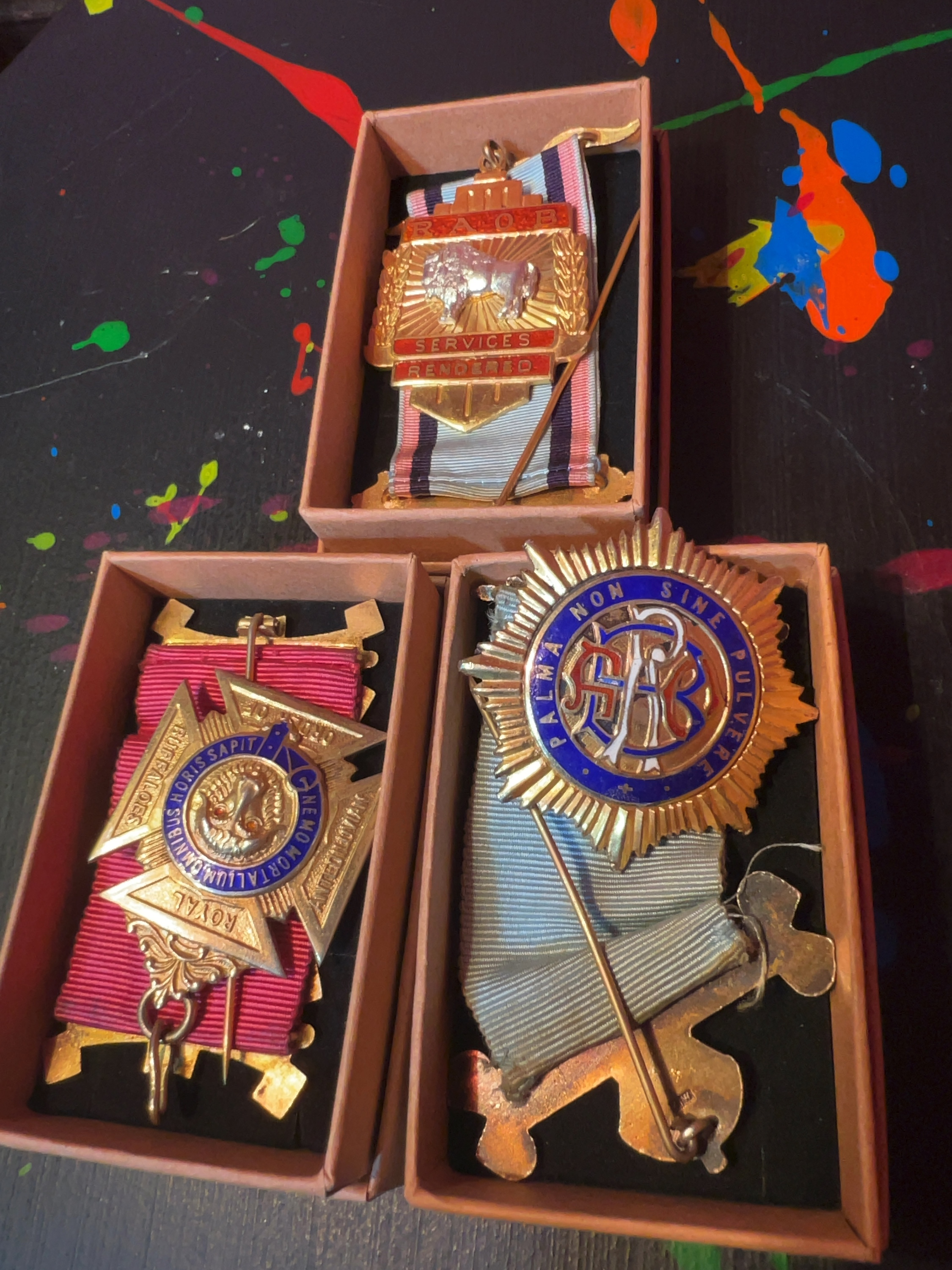 A Trio of Hallmarked Silver-Gilt and Enamel RAOB Fraternal Jewels Named to Brother John G. Jones