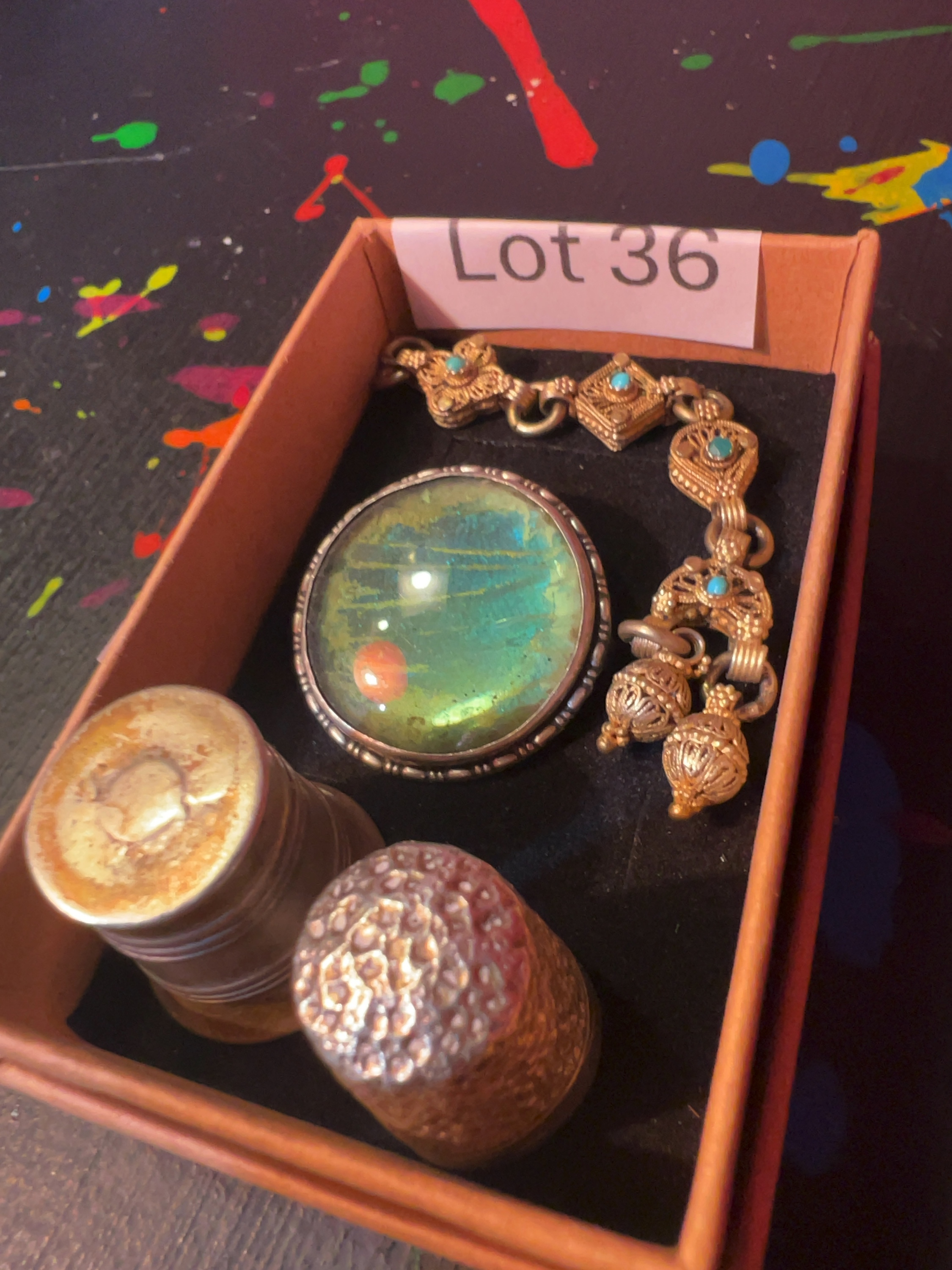 Collection of Silver and Yellow-Toned Metal Items Including a Butterfly Wing Brooch and Hallmarked Thimbles