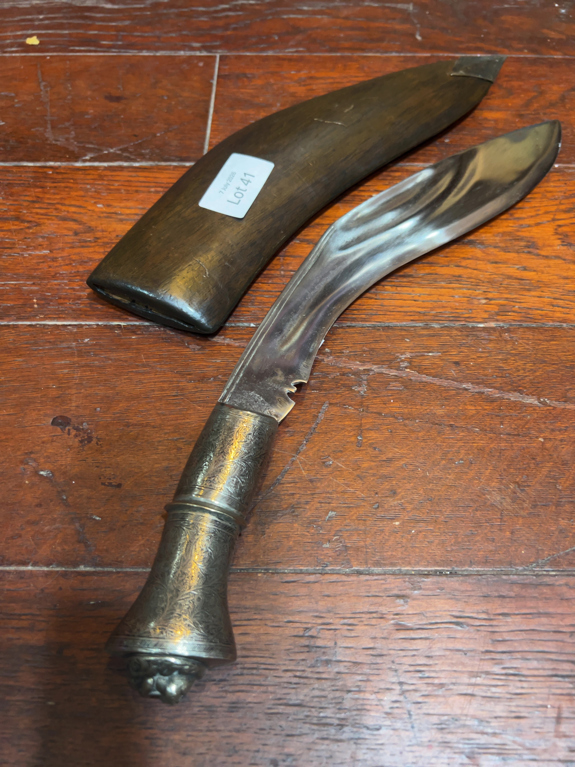Mid-20th Century Nepalese Kukri Knife with Lion-Head Pommel and Wood Scabbard
