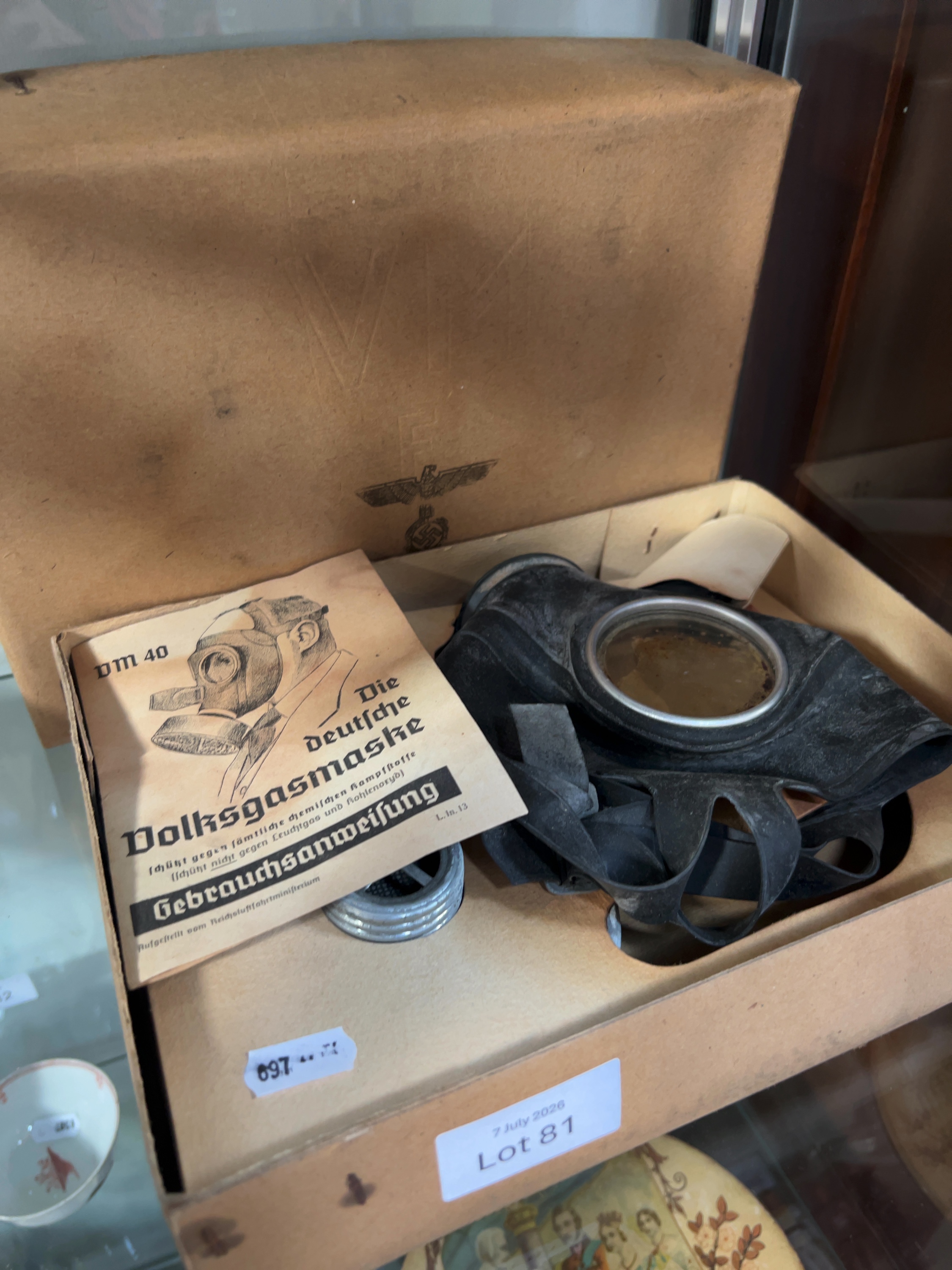 Boxed WWII German Luftschutz VM 40 Volksgasmaske with Instruction Manual
