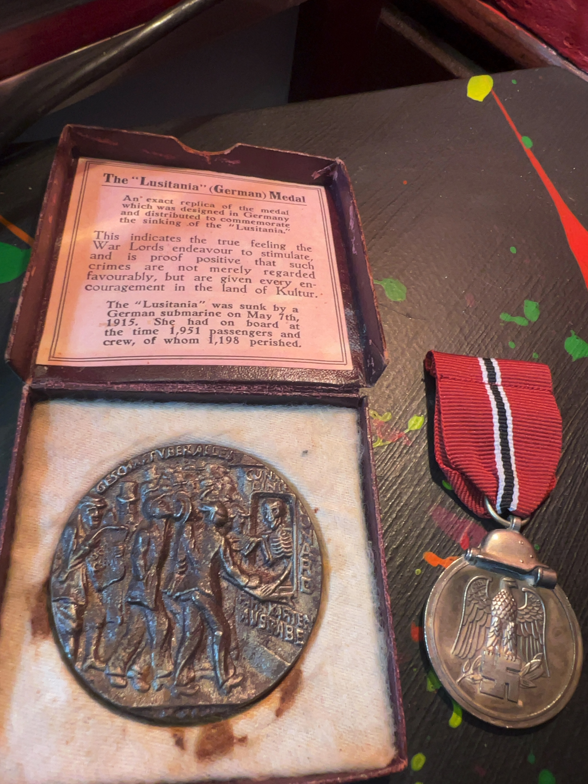Two German and British Historical Medals comprising a Boxed Lusitania Propaganda Medal and an Eastern Front Medal