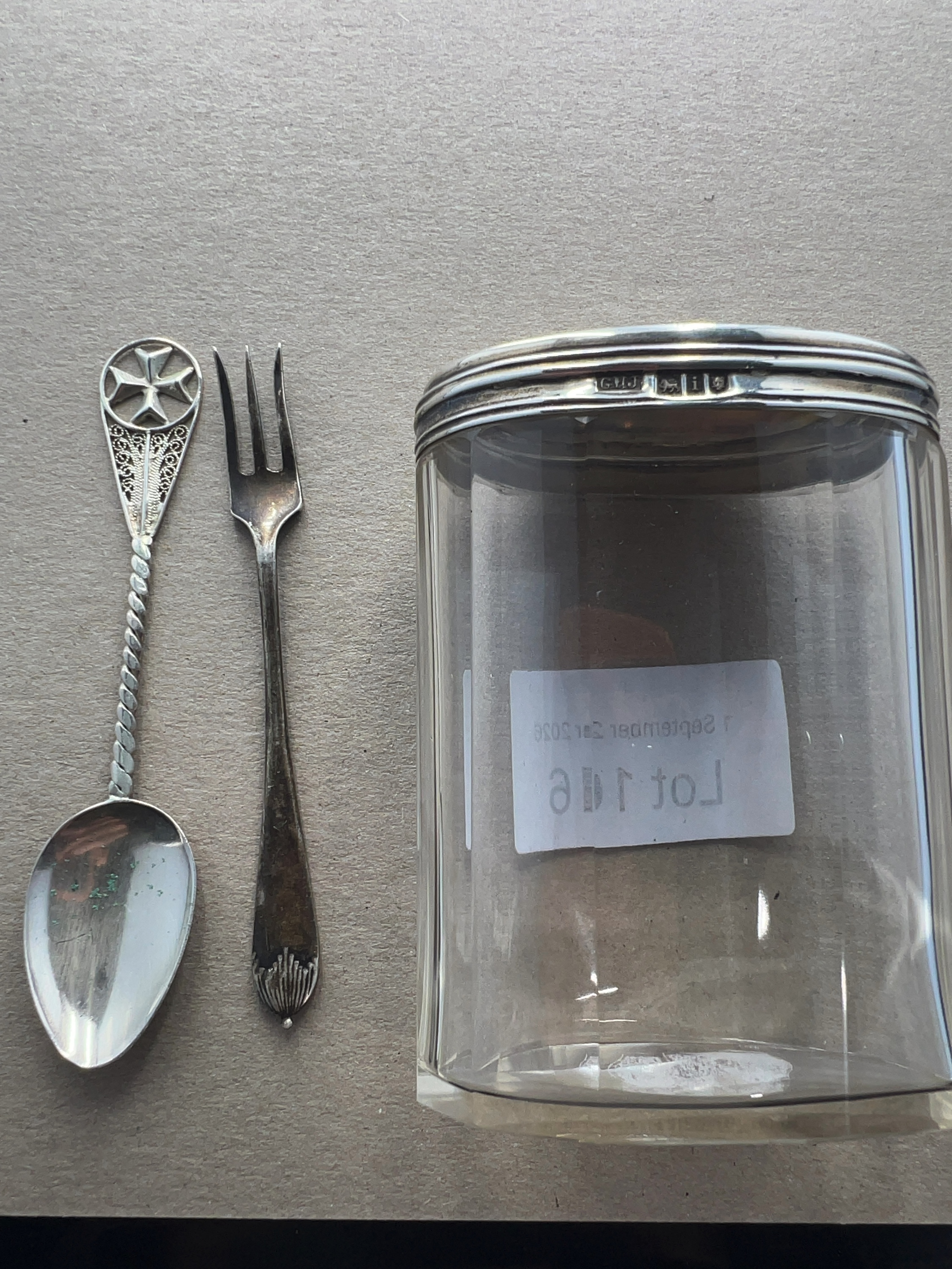 Three Sterling Silver Items Including a 1919 Birmingham Silver-Mounted Glass Jar