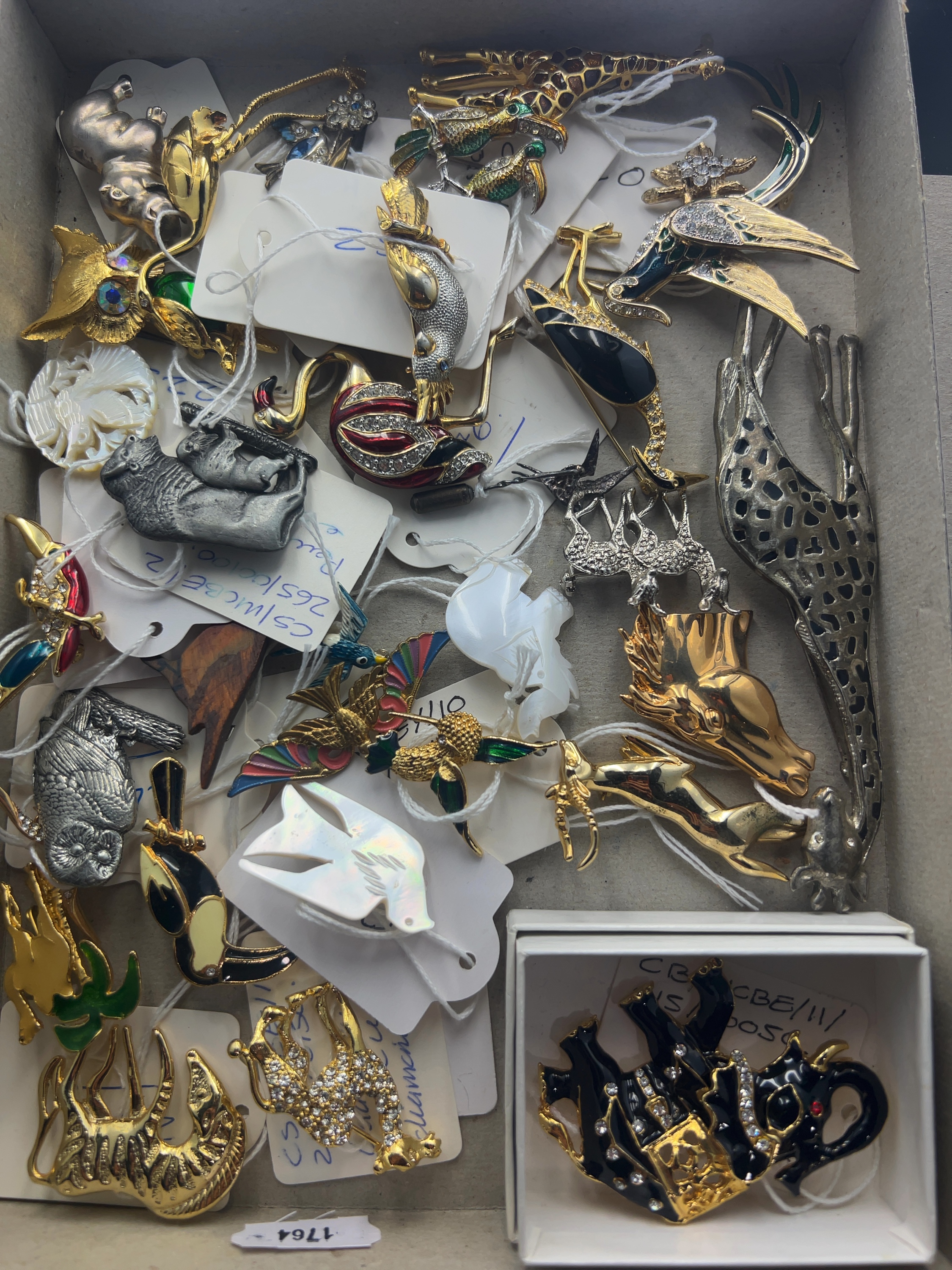 Approx. 25 Vintage Figural Costume Enamel and Rhinestone-set Animal and Bird Brooches including a Large Enamelled Elephant