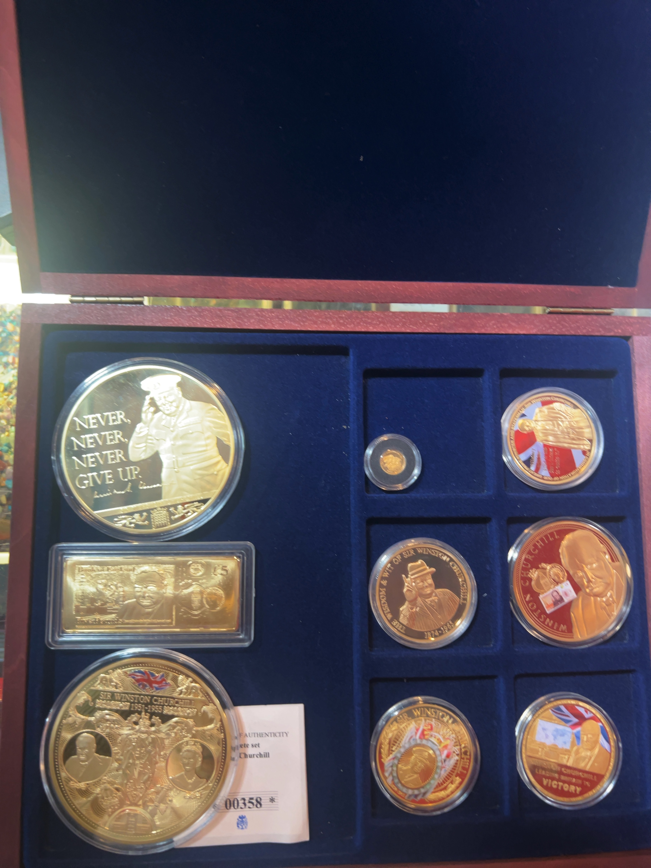 Nine Piece Commemorative Sir Winston Churchill Gold-Plated and 14ct Gold Medal Collection