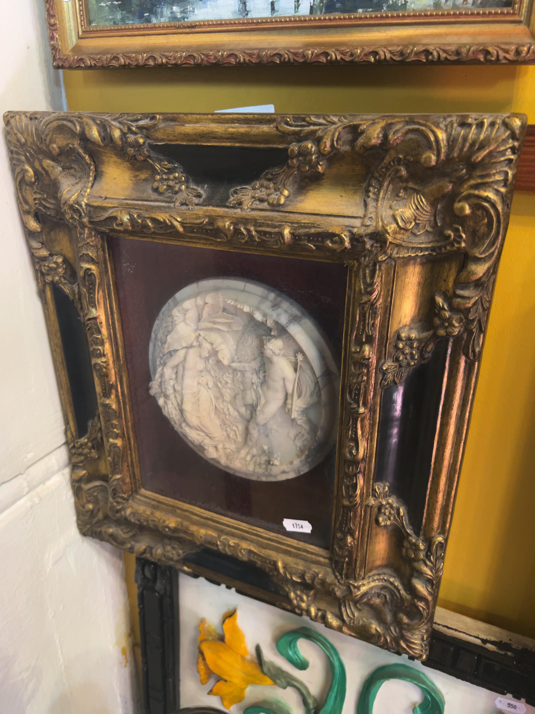 Late 19th-Century style Neoclassical Carved Alabaster High-Relief Plaque in Ornate Gilt and Ebonised Frame