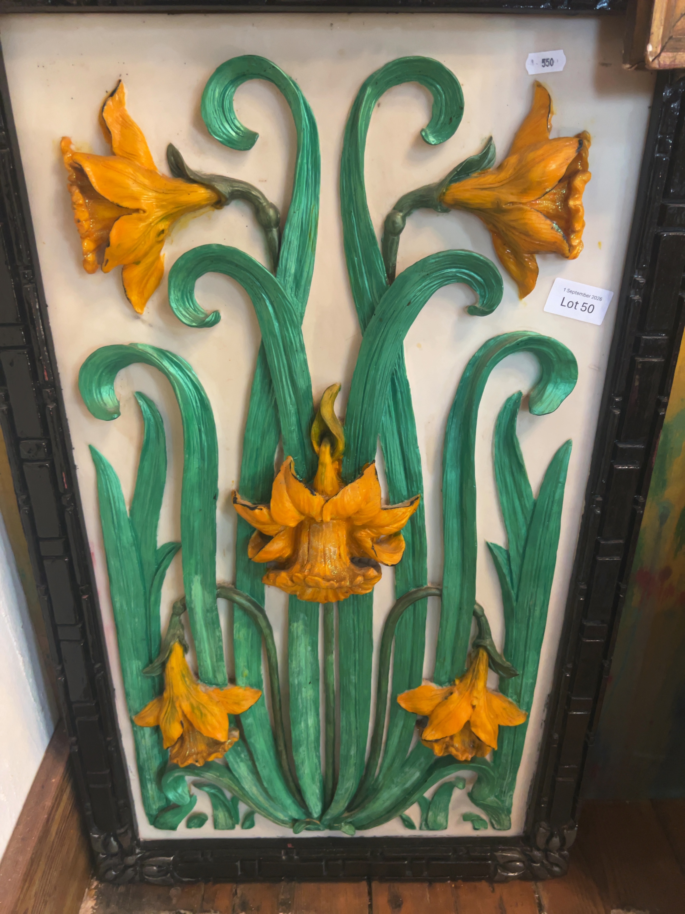 Art Nouveau-style Polychrome Cast Composite High-Relief Daffodil Panel