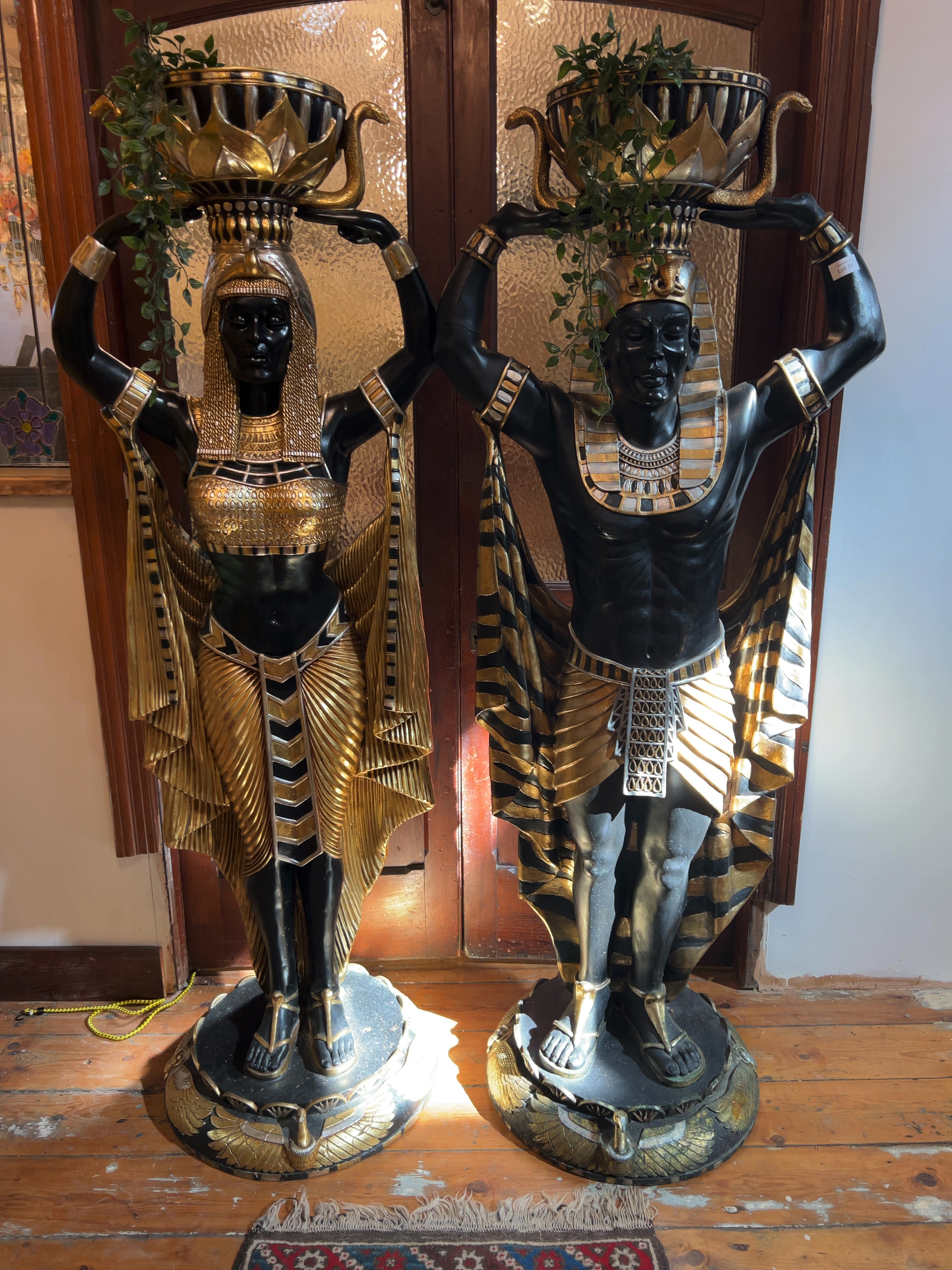 Two Late 20th-Century Egyptian-Style Polychrome Cast Resin Floor Statue Planters