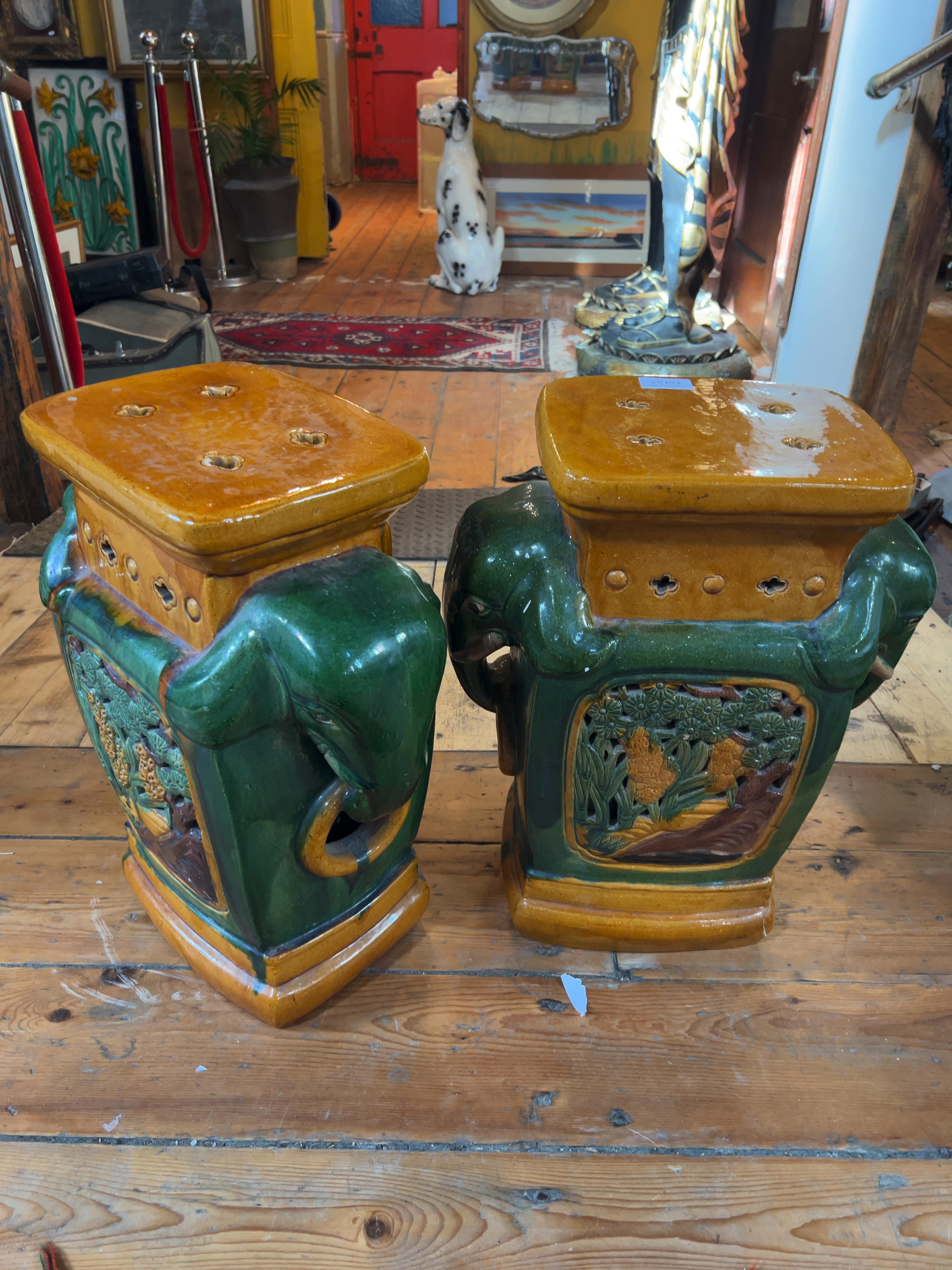 Two Chinese-Style Sancai-Glazed Earthenware Elephant-Form Garden Stools