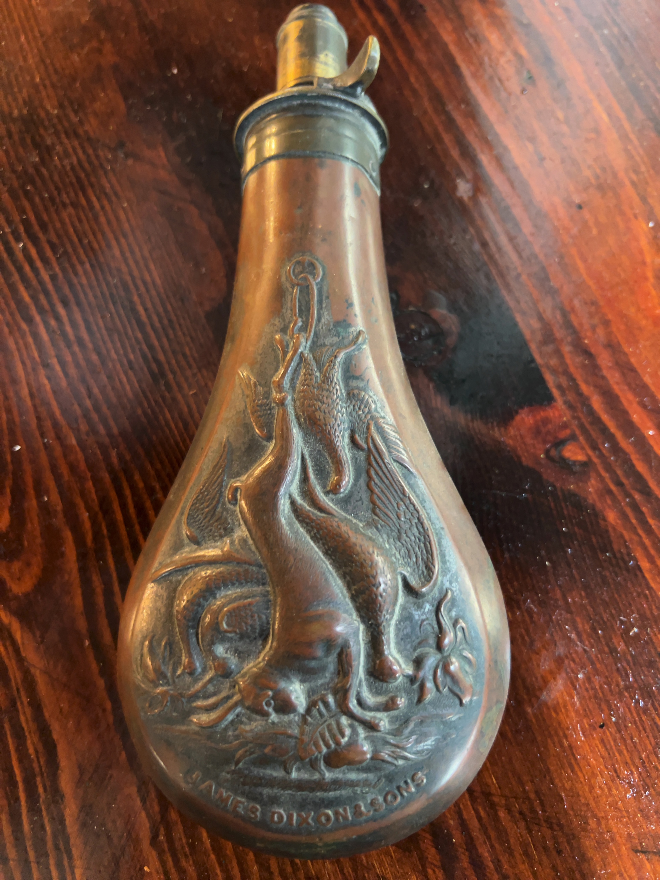 Victorian James Dixon & Sons Embossed Copper and Brass Powder Flask