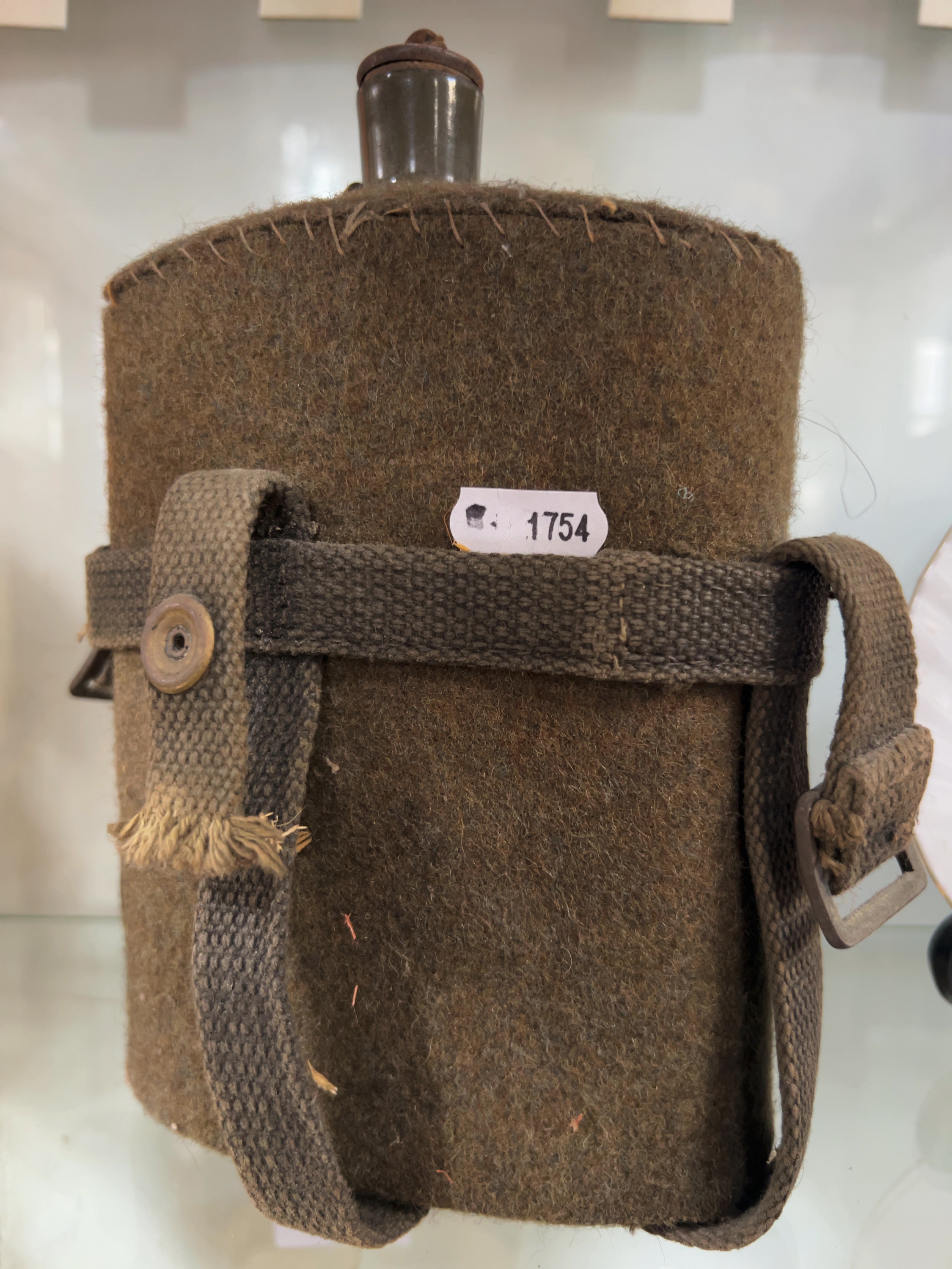 WWII British Enamelled Steel Water Bottle in Pattern 1908 Webbing Carrier