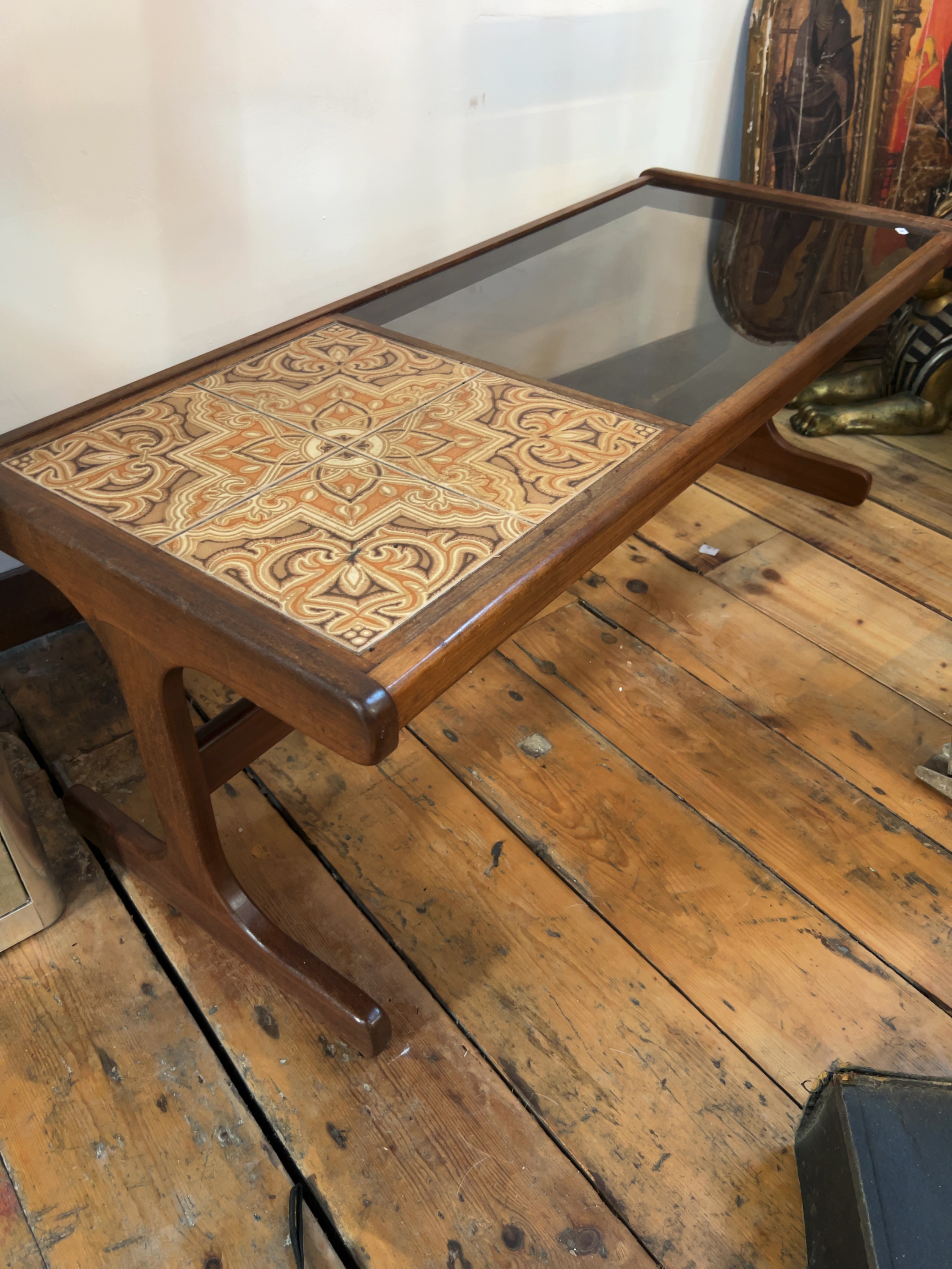 Mid-Century G-Plan Teak Coffee Table with Inset Glass and Ceramic Tiles