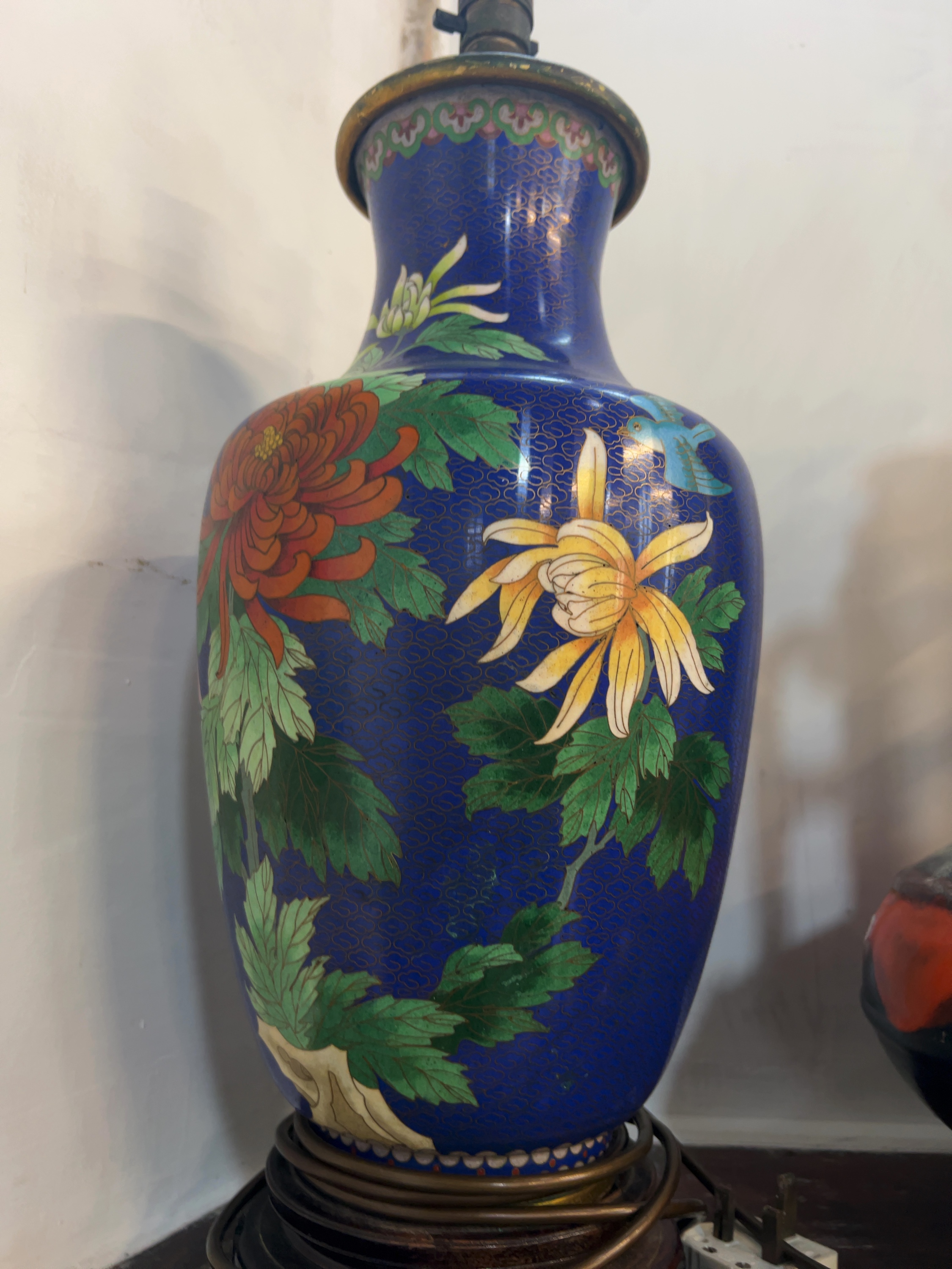 20th-Century Chinese Cloisonne Enamel Chrysanthemum Vase Lamp Base