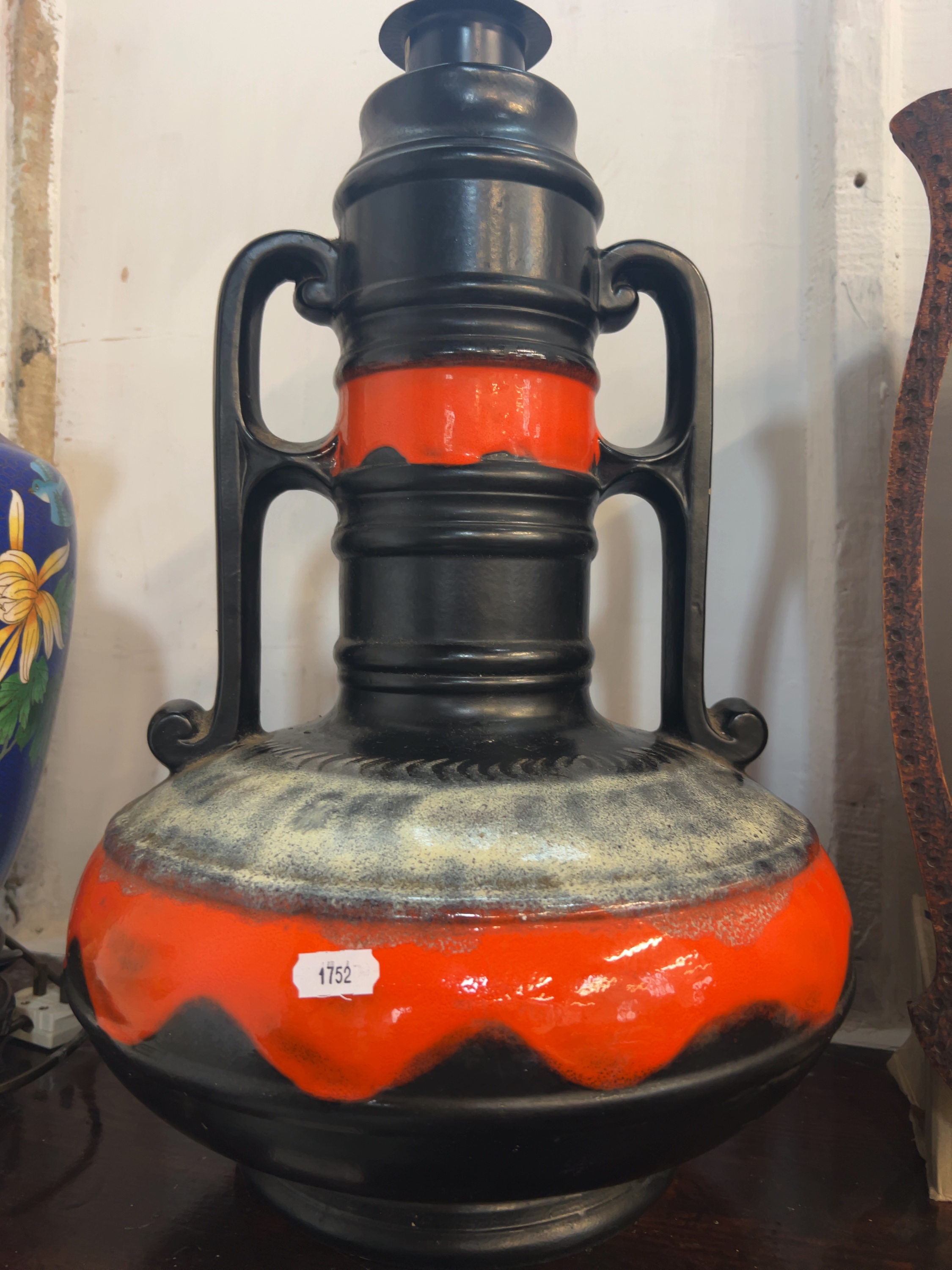 Mid-Century Modern Fat Lava Earthenware Twin-Handled Floor Vase