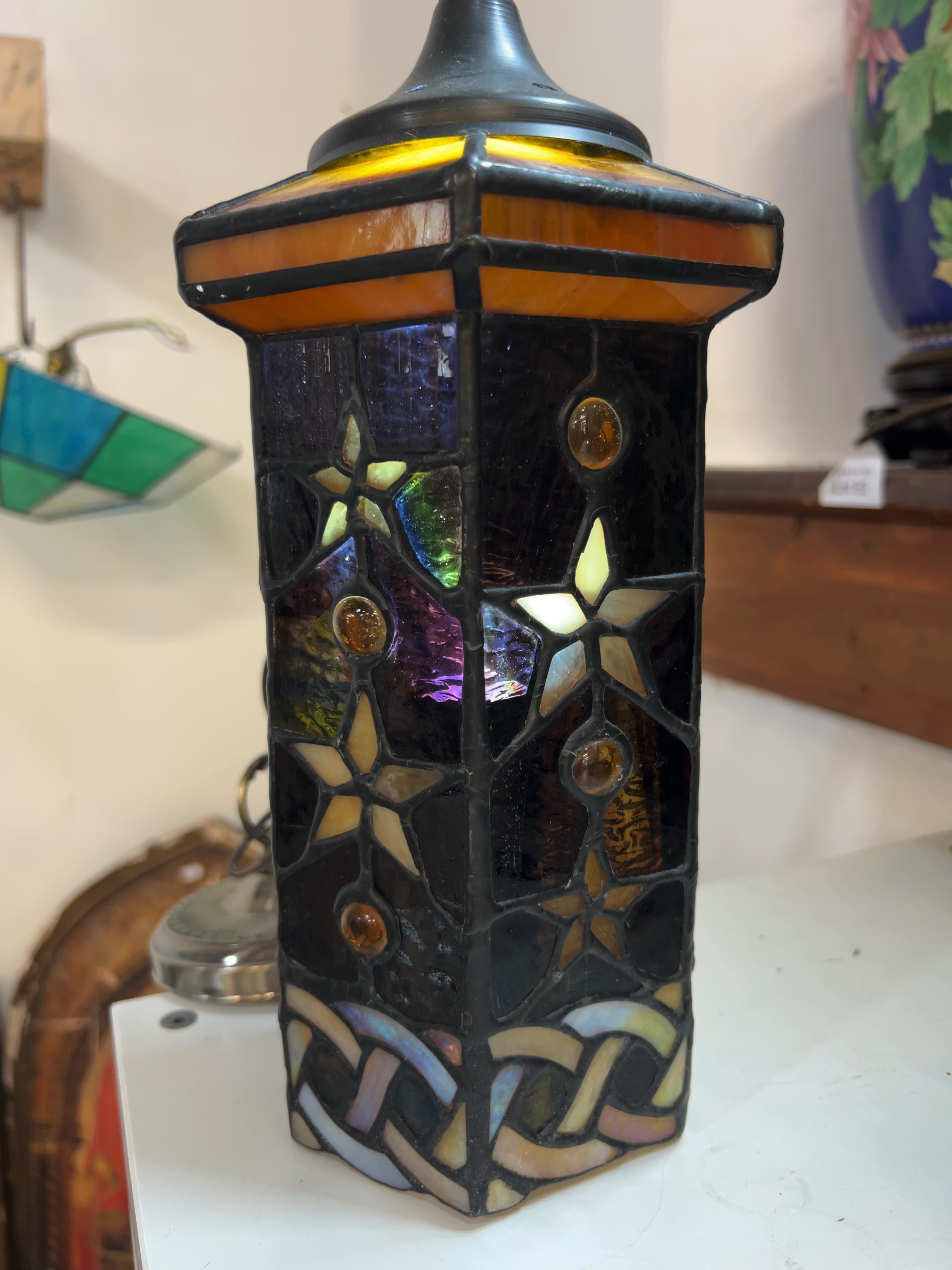 Arts & Crafts Style Leaded Glass Hexagonal Hanging Lantern