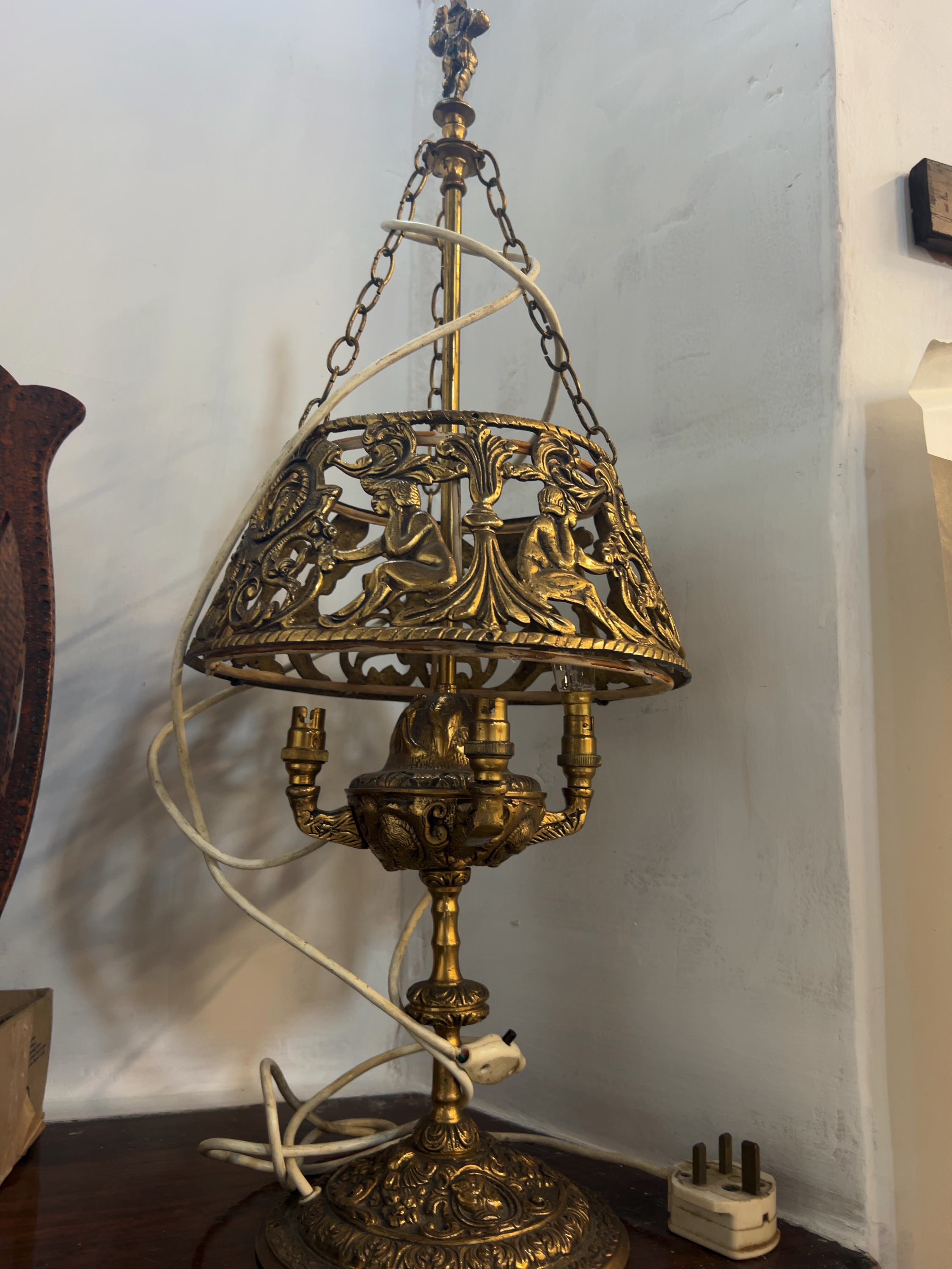 Dutch-Style Cast Brass Three-Arm Table Lamp with Suspended Shade