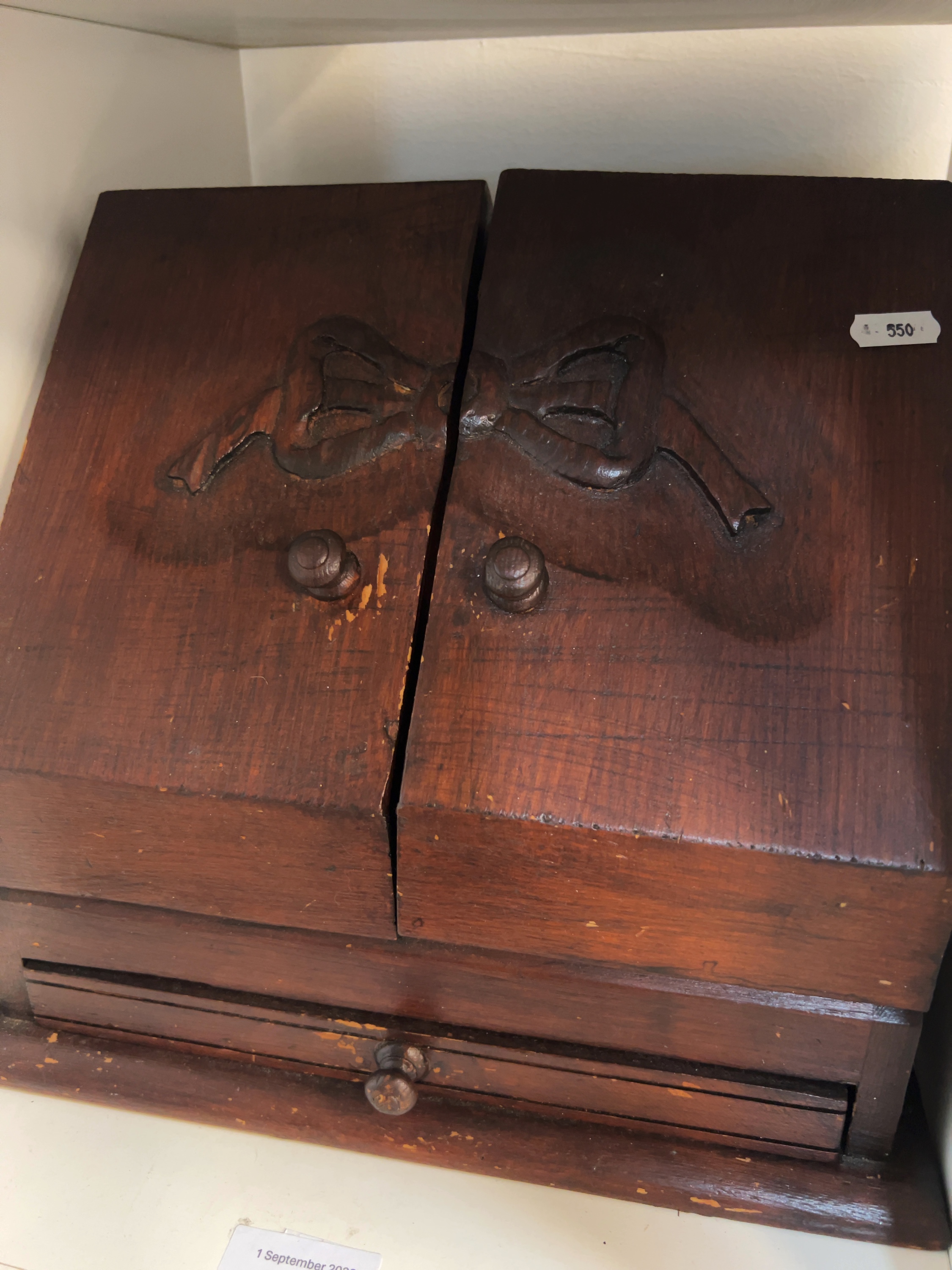 Early 20th-century Carved Stained Pine Slant-Front Stationery Box