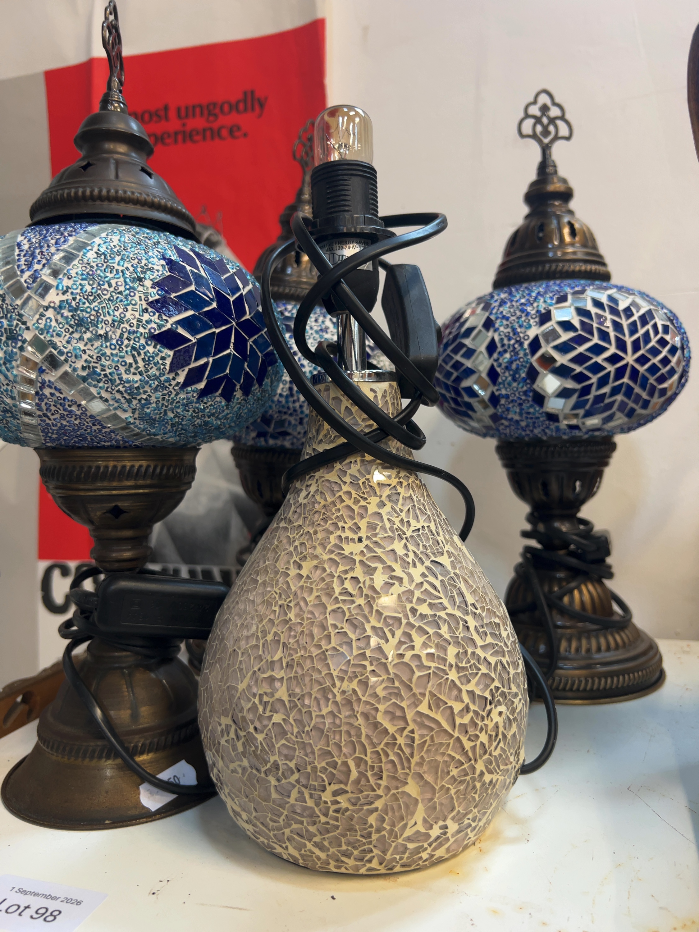 Four Turkish-Style Mosaic and Crackle Glass Table Lamps