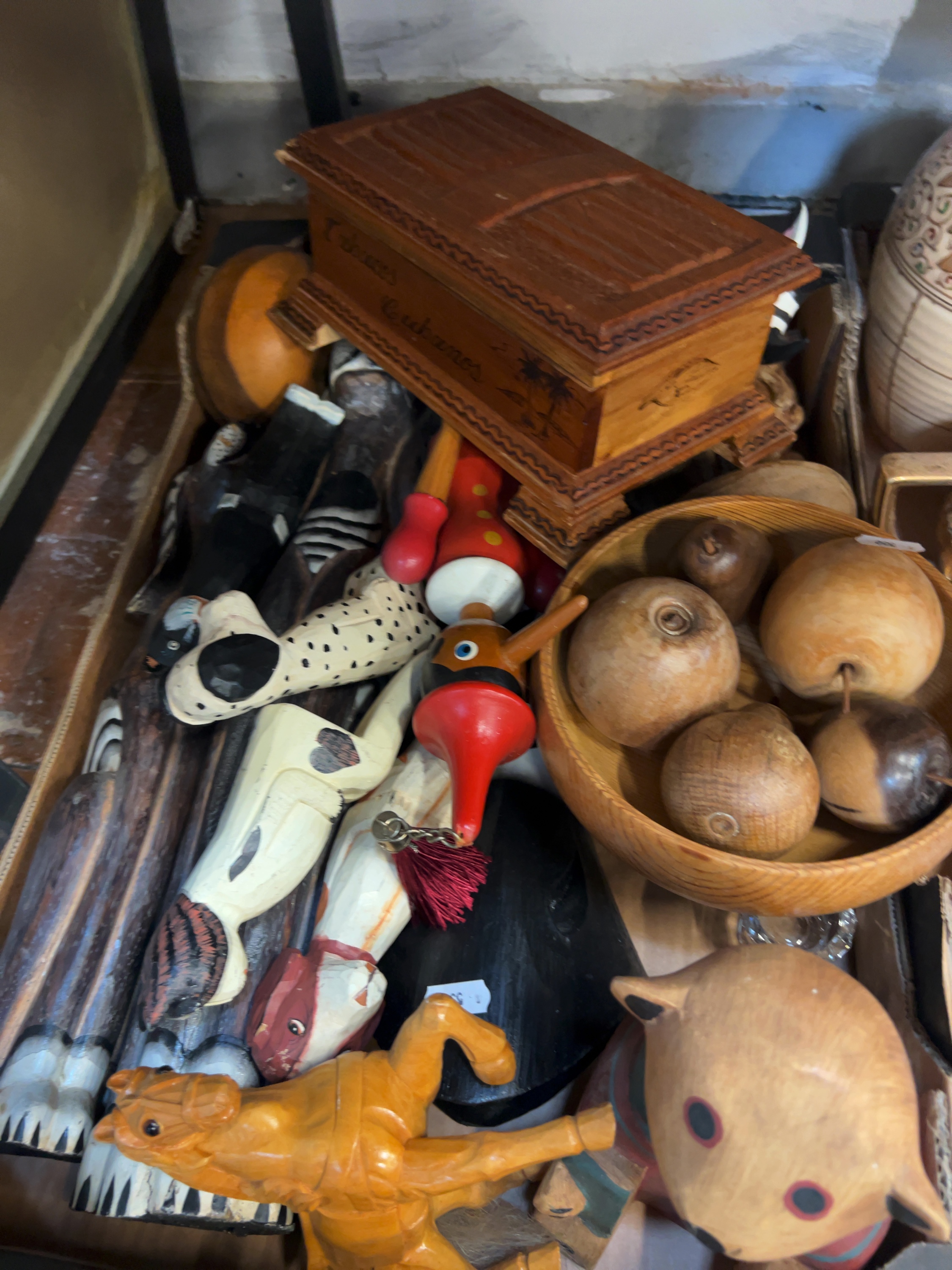 Vintage Carved and Turned Wooden Toys and Decorative Objects including Cabañas Cubanos Box