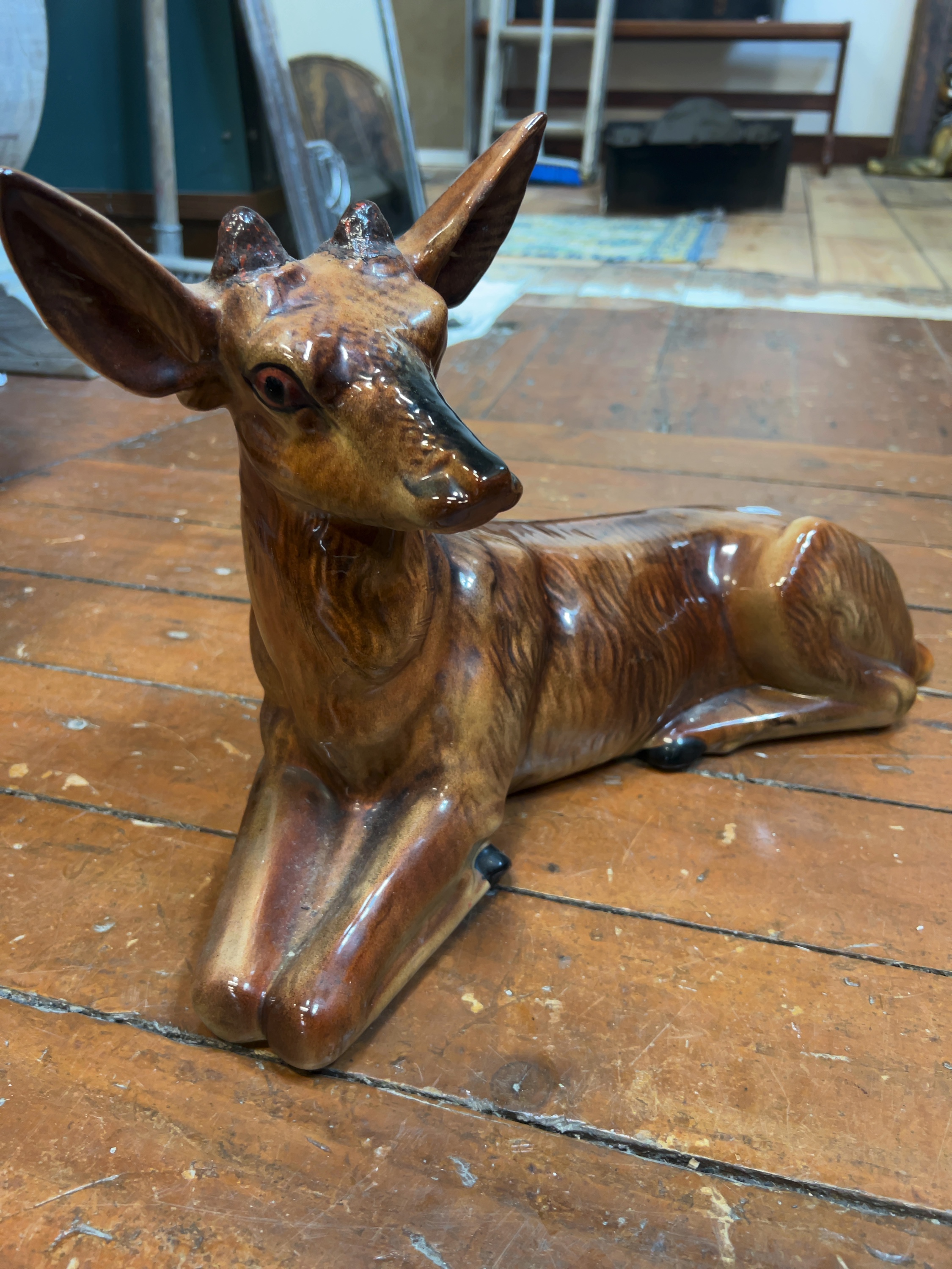 20th Century Glazed Ceramic Recumbent Deer Figurine