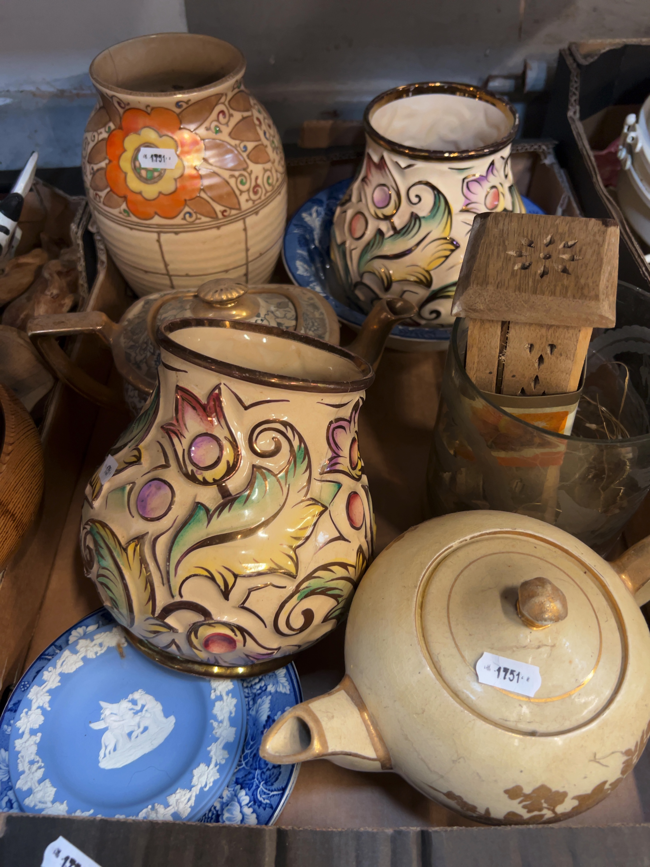 Decorative Ceramics and Misc. Items including Tubelined Floral Pitchers and Art Deco-Style Vase