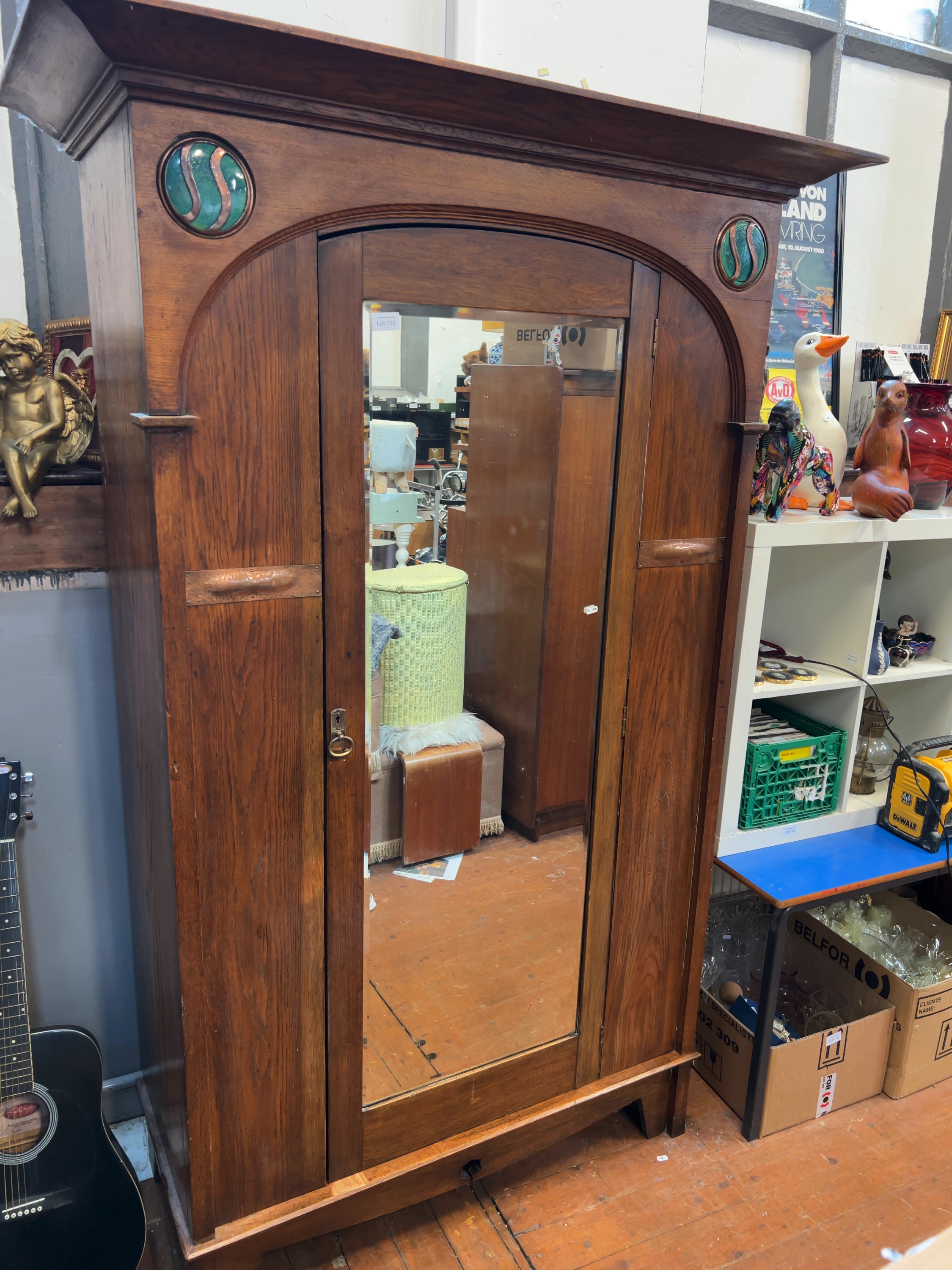 Arts & Crafts Oak Single-Door Mirrored Wardrobe