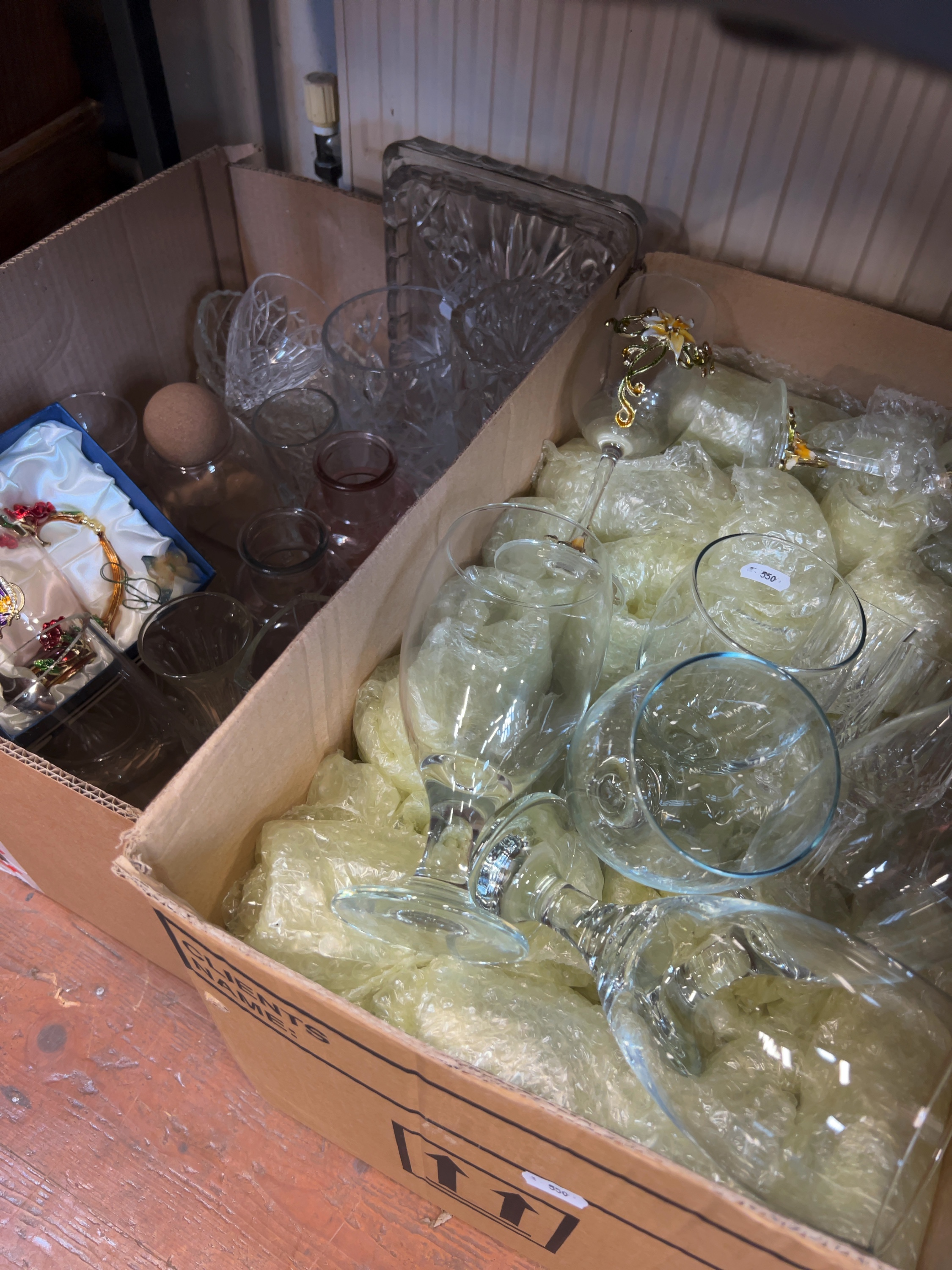 Assorted Glassware including Enamelled Rose Tea Set and Cut Glass Tray