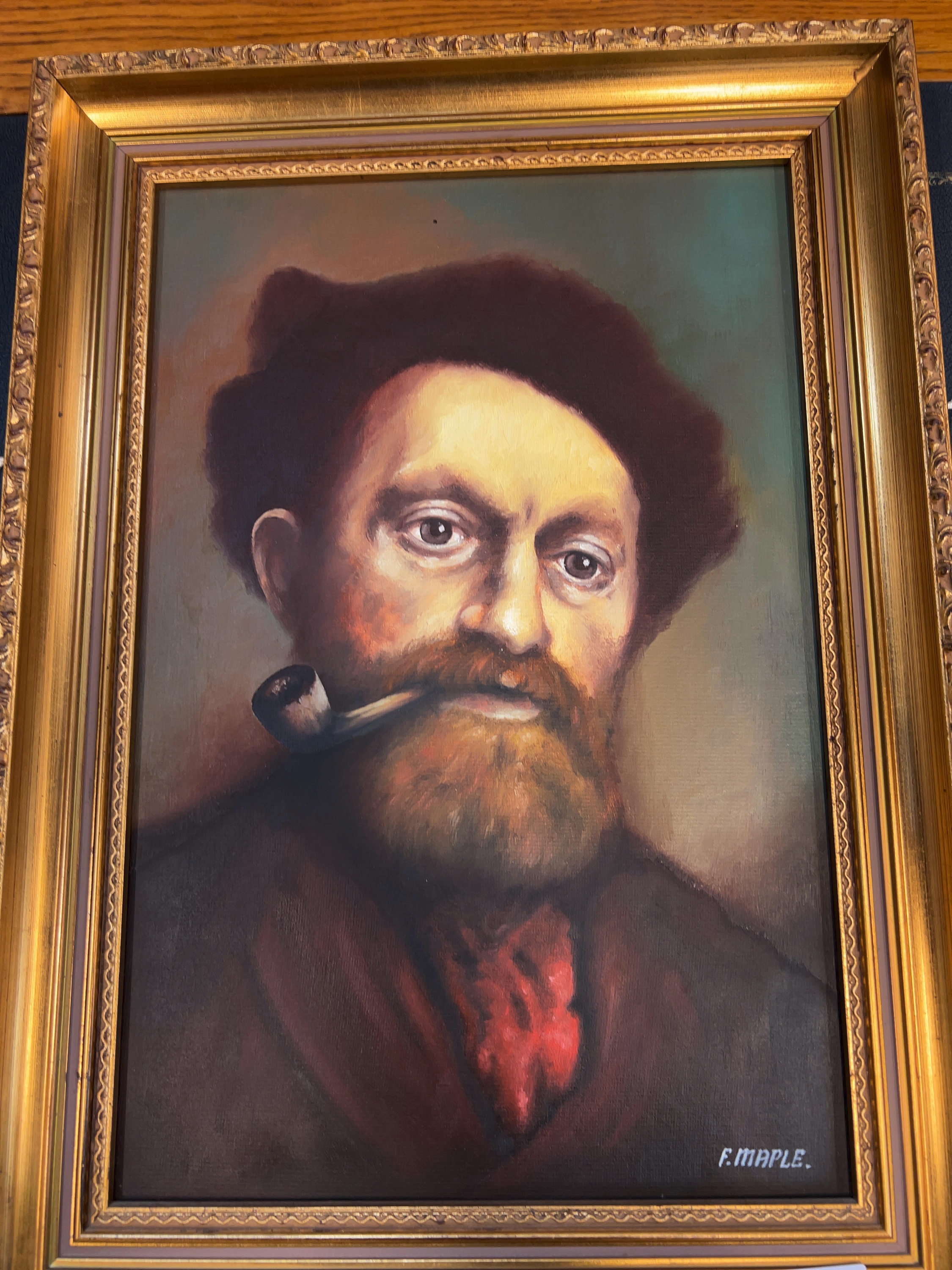 F. Maple Oil on Canvas Portrait of a Bearded Man Smoking a Pipe