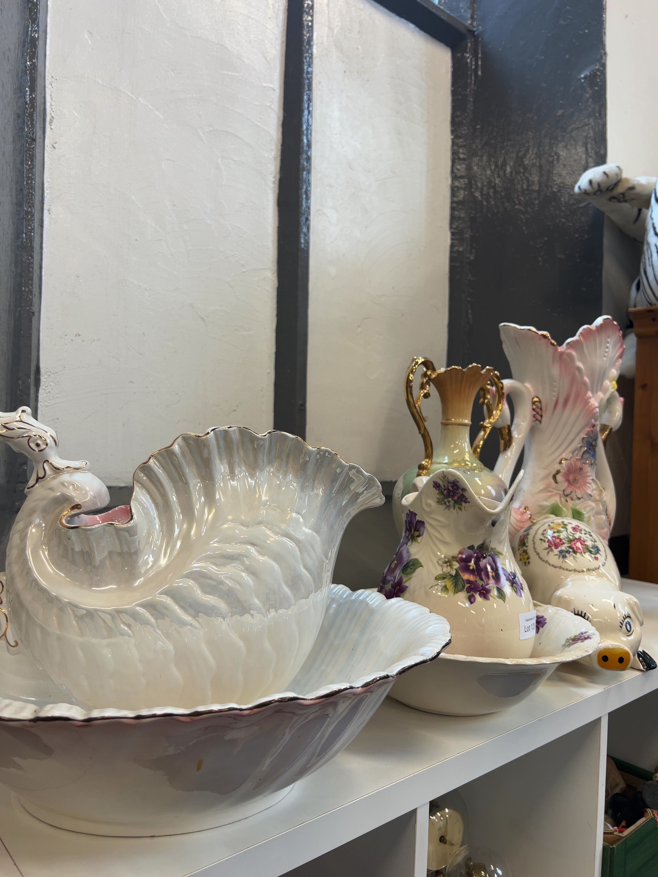 Five Decorative Ceramics including Two Pitcher and Basin Sets and Ornate Vases