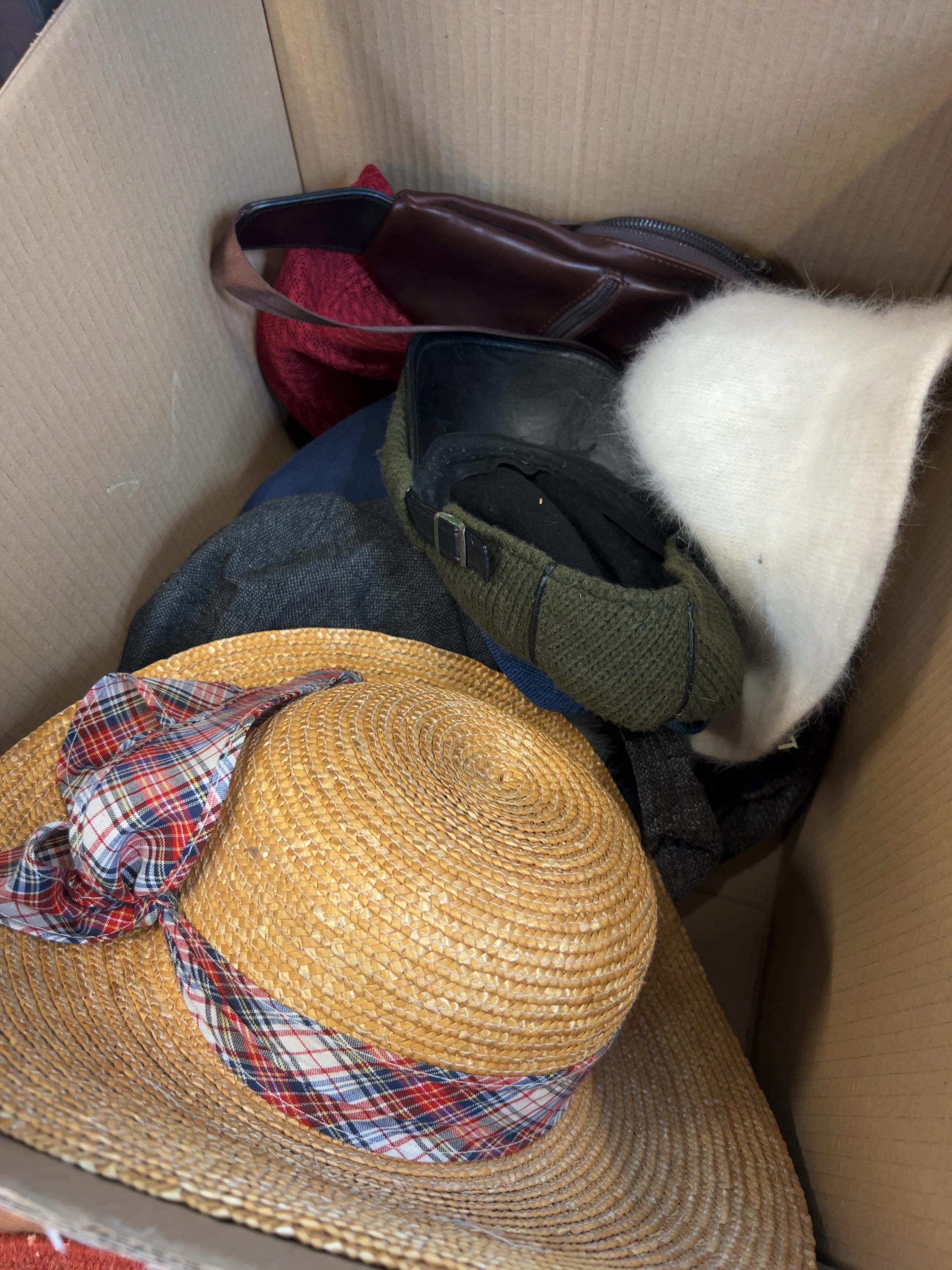 Late 20th-century Straw, Wool, and Leather Headwear and Accessories Including a Plaid-trimmed Sun Hat and a Burgundy Leather Shoulder Bag