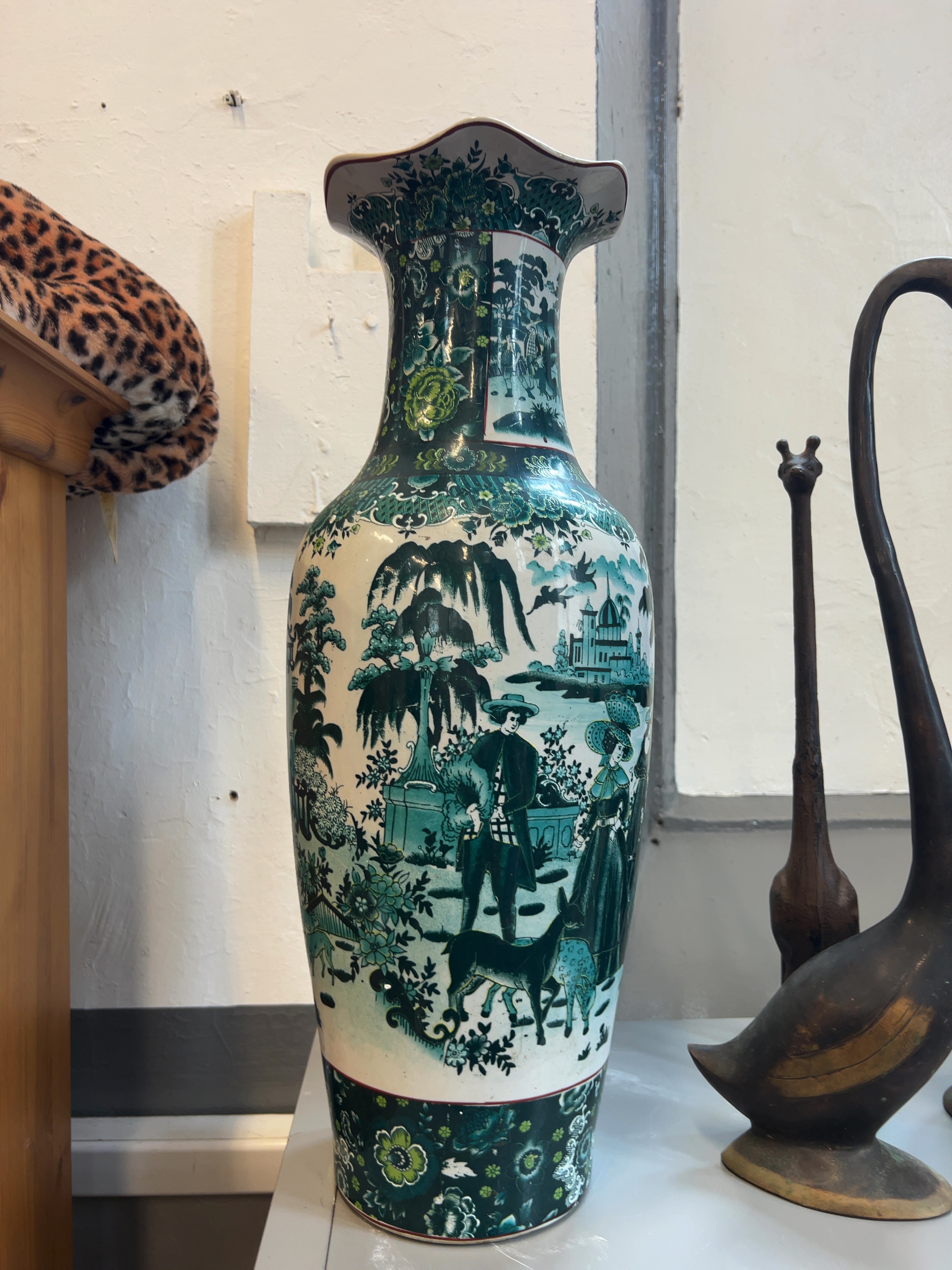 Late Victorian Style Green Transfer-Printed Earthenware Baluster Vase