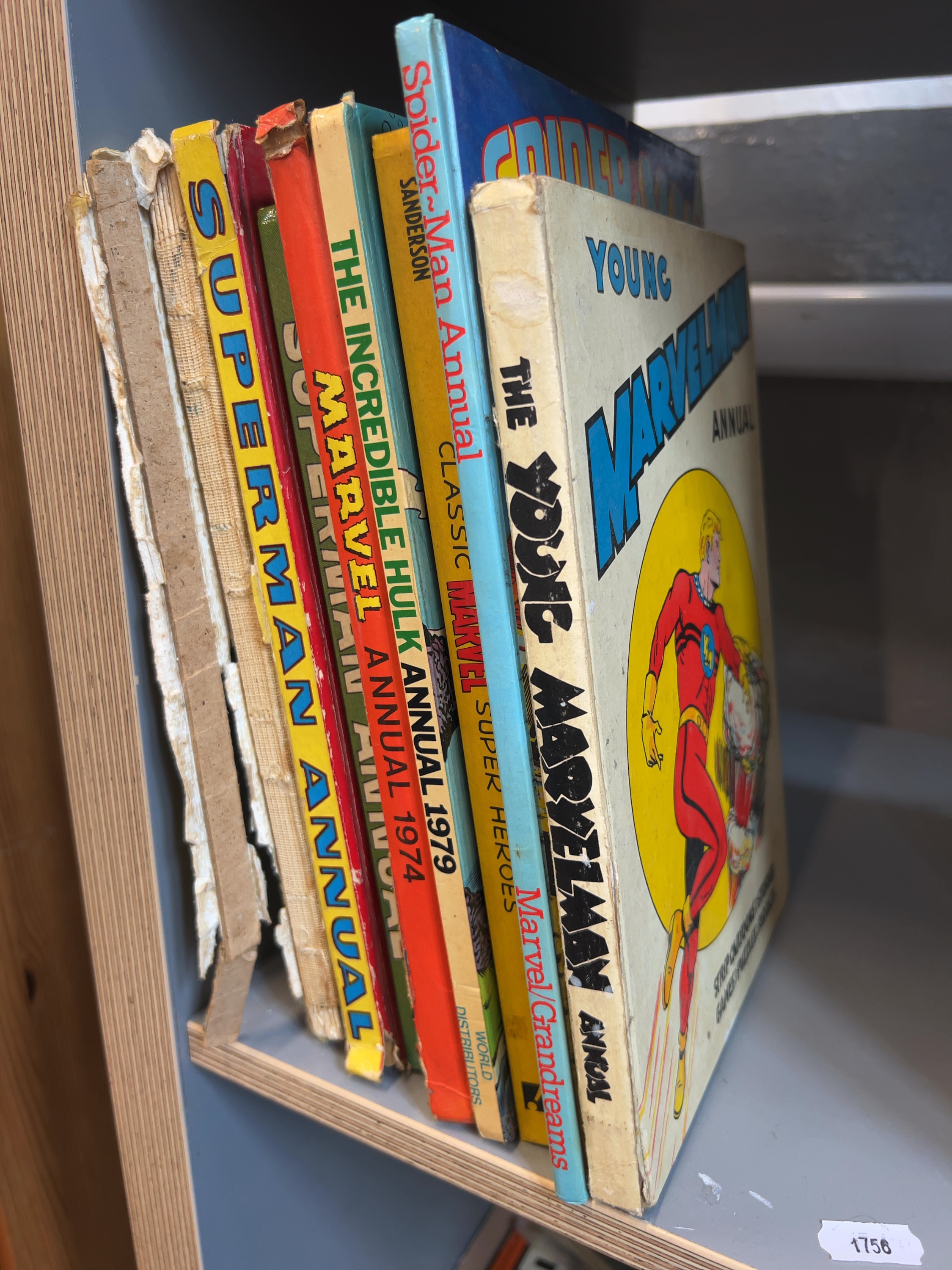Eight Vintage UK Hardback Comic Annuals and Marvel Reference Book Including Marvelman and Hulk