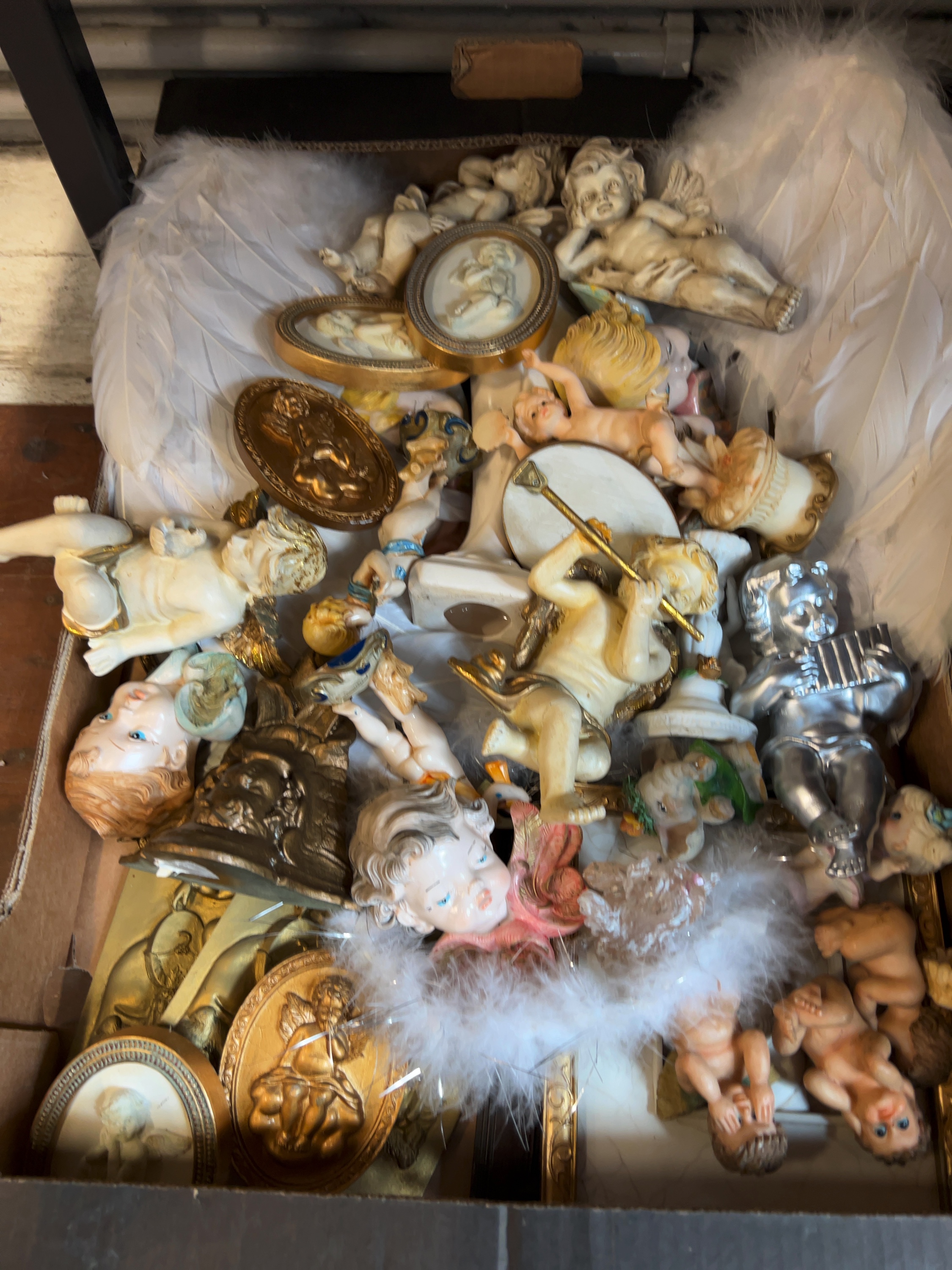 Assorted Ceramic Plaster and Composite Cherub and Angel Figures Including Feathered Wings