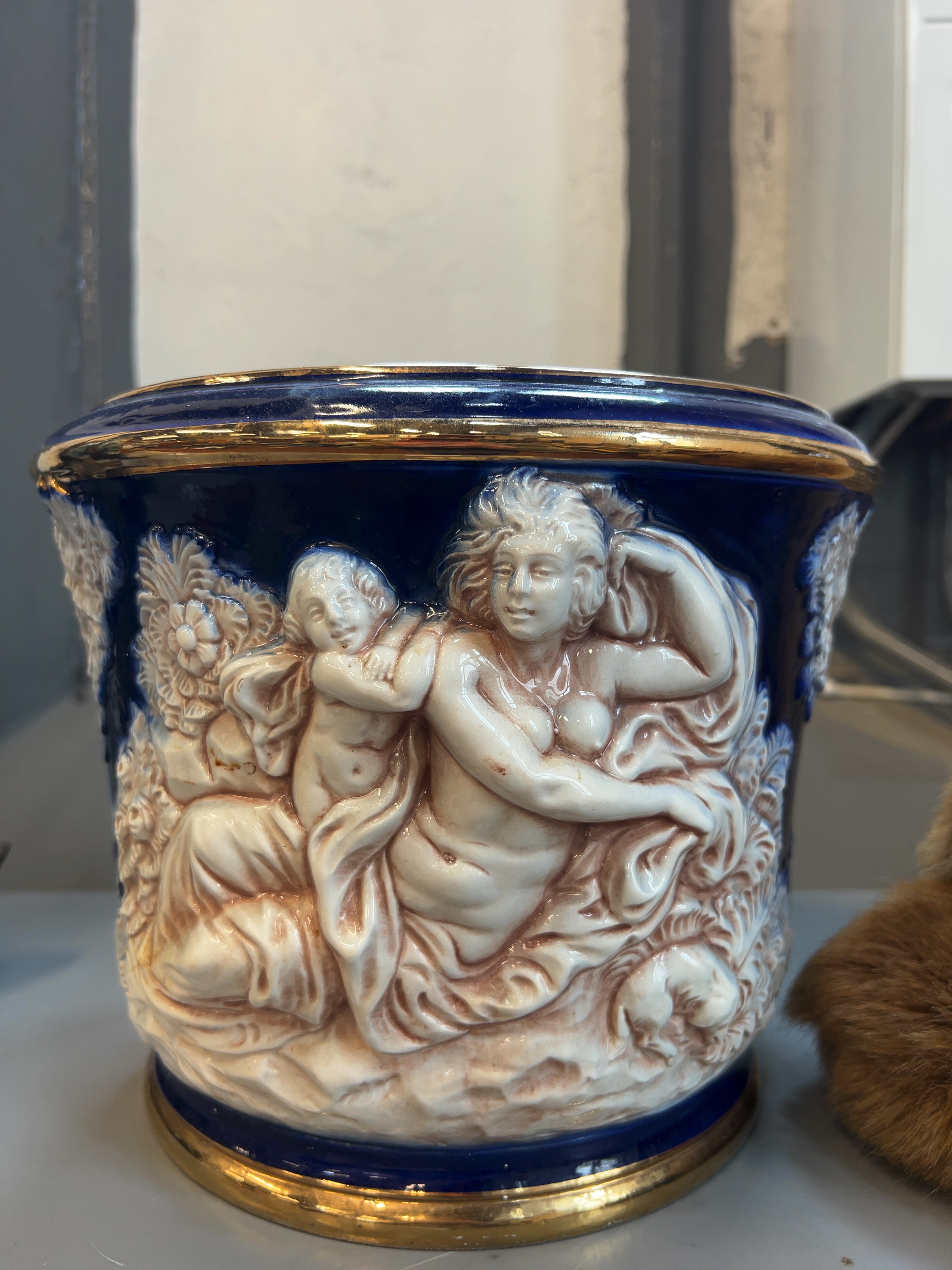 Italian Neo-Classical Style Relief-Moulded Cobalt and Gilt Earthenware Jardinière