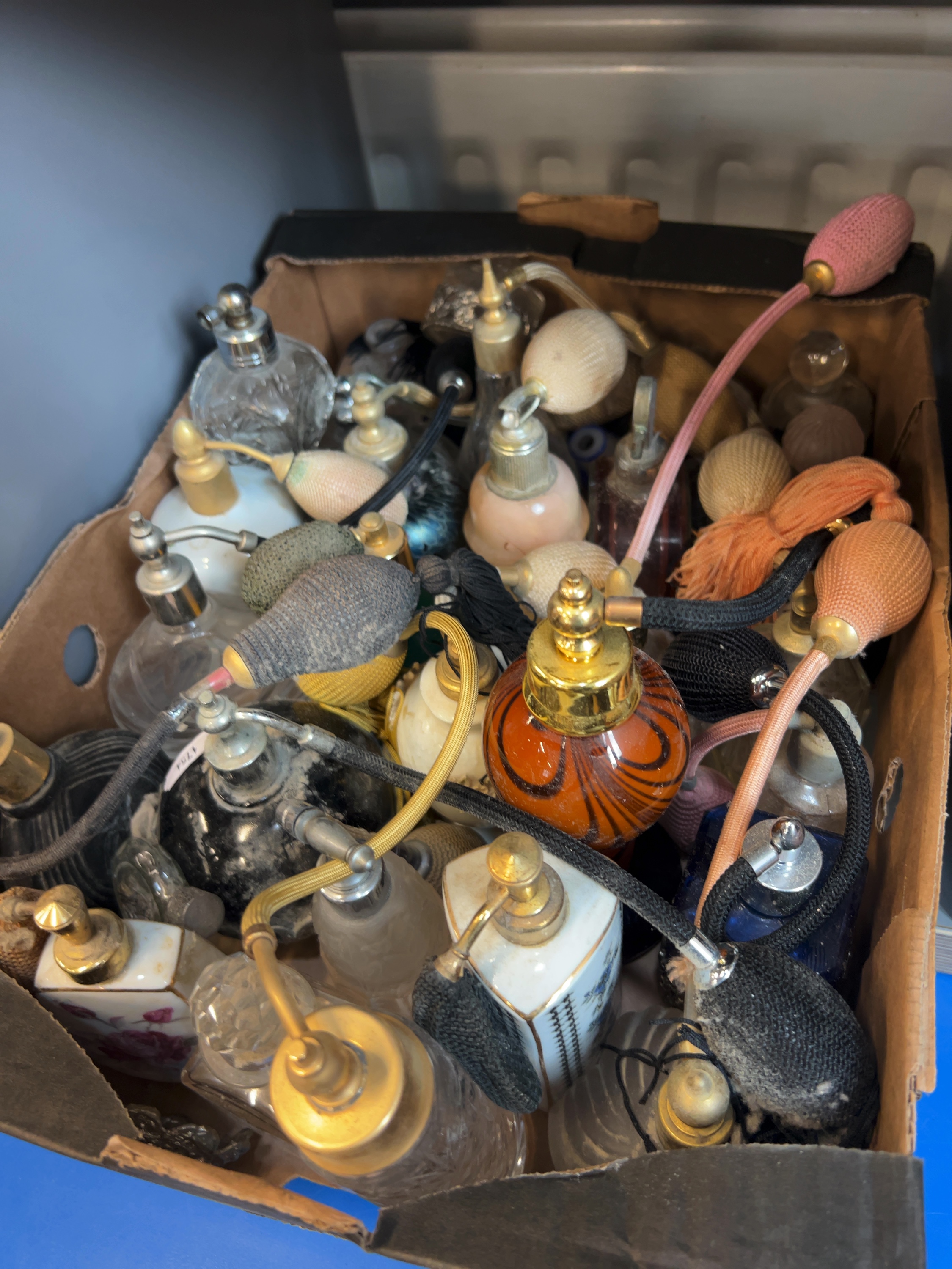 Approx. 30 Vintage Glass and Porcelain Perfume Atomizers and Vanity Bottles