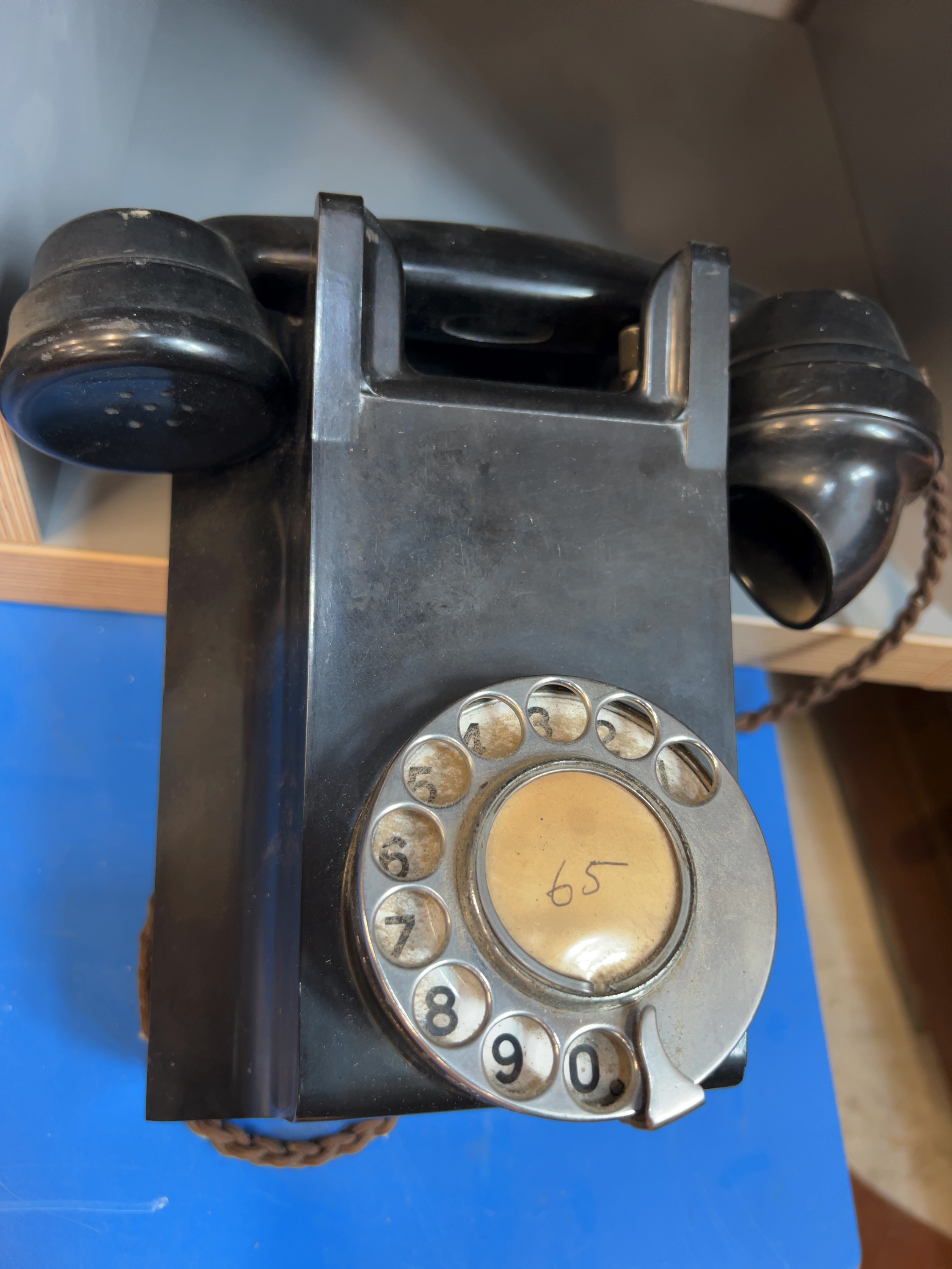Mid-20th Century Black Bakelite Wall-Mounted Rotary Dial Telephone
