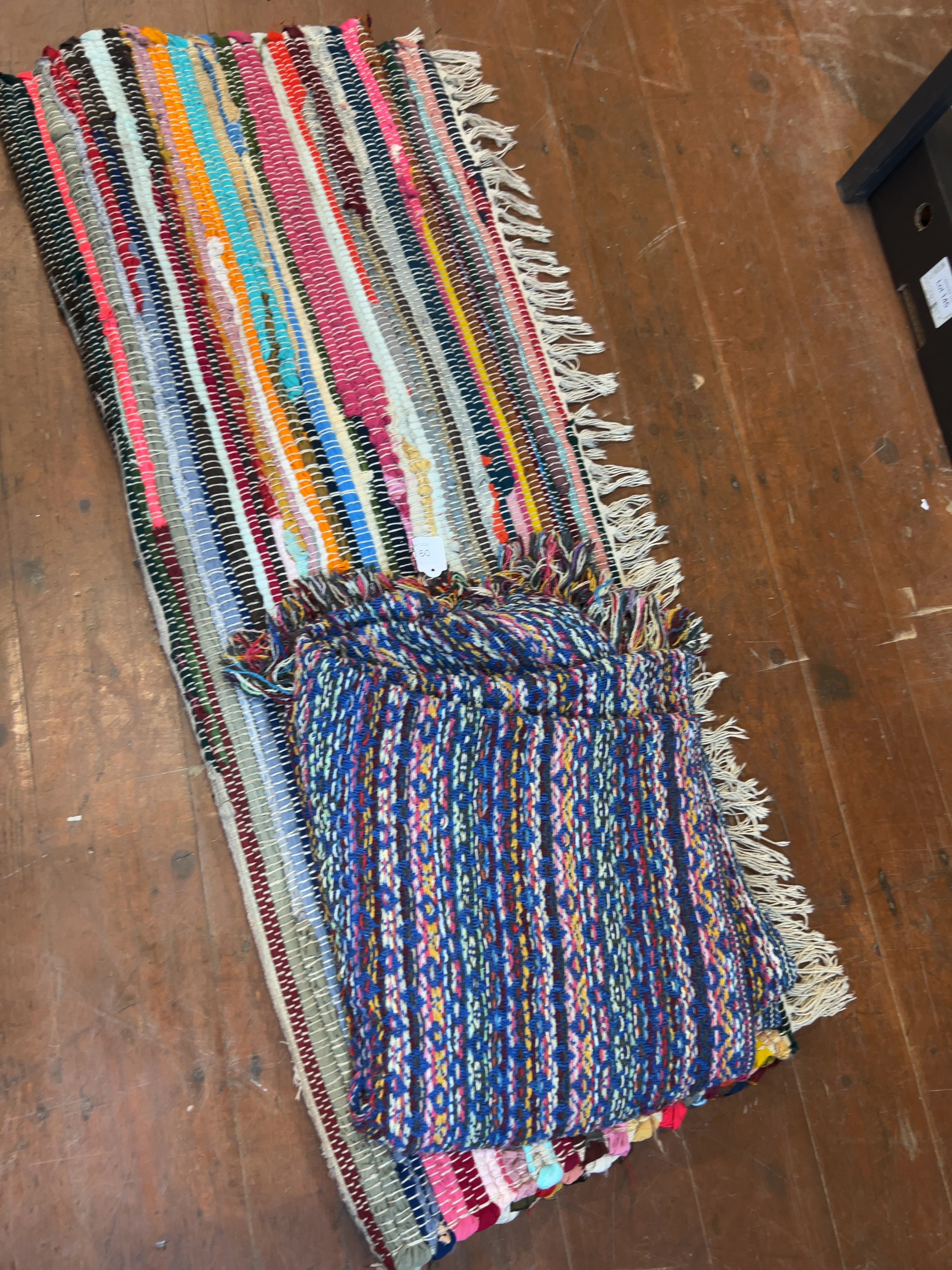 Two Contemporary Multi-coloured Woven Textiles including a Chindi Rag Rug Runner and a Textured Throw